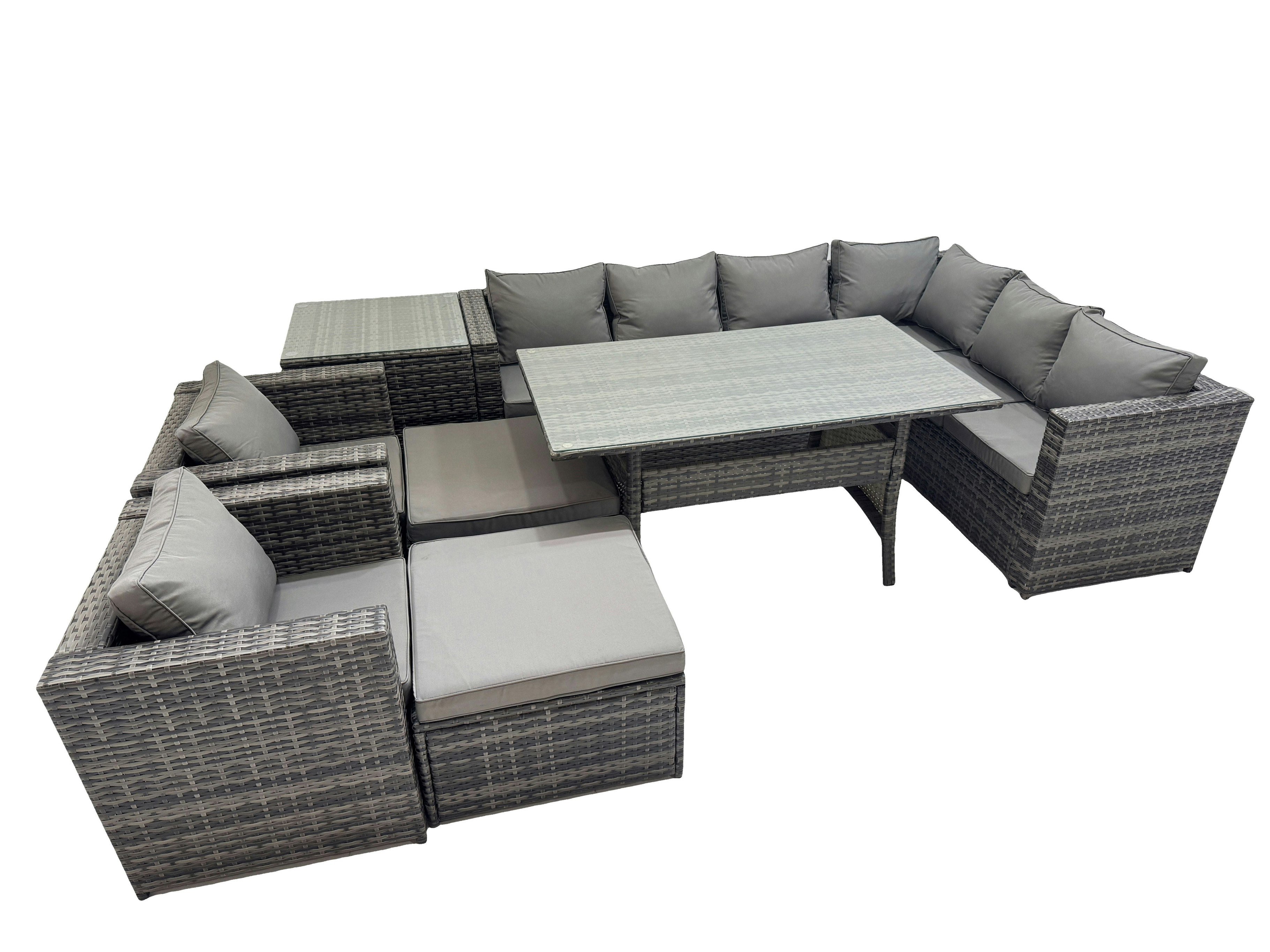 Rackhams Dark/Grey Rattan Garden Furniture Set Outdoor 10 Seater Patio Dining Corner Sofa Sets With Dining Table 2 Chairs 2 Big Stools Side Table Mixed
