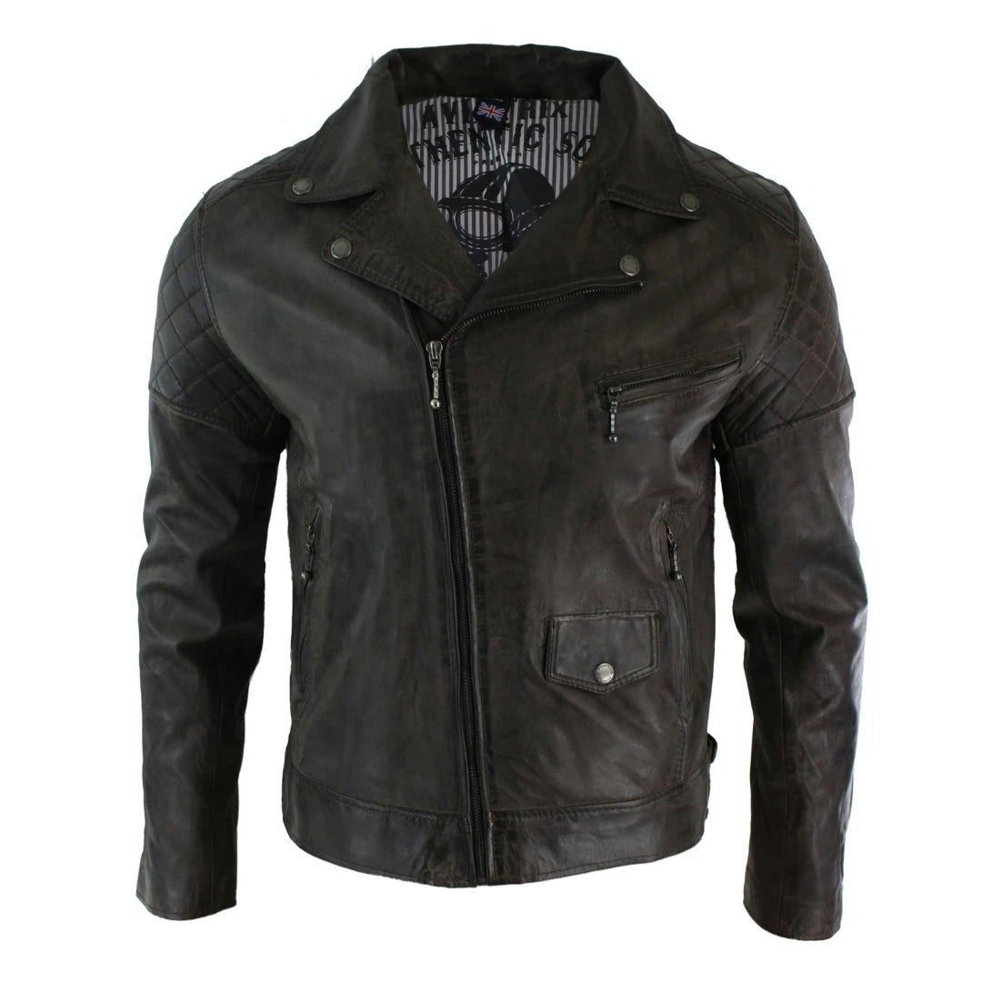 Aviatrix Men's Brown/Black Washed Leather Biker Jacket Cross Zip - 3XL
