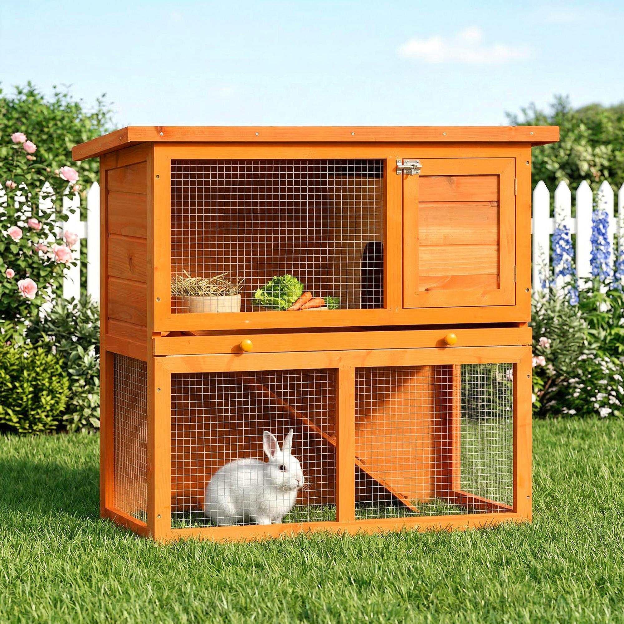 Pawhut Yellow 90Cm 2 Tiers Rabbit Hutch Wooden Pet Cage Run Vintage Bunny House In - Image 3