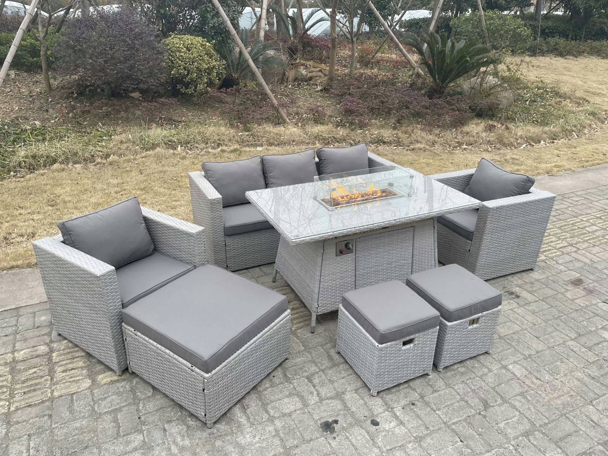 Fimous Light/Grey Rattan Fire Pit Garden Furniture Set Gas Heater Burner Chairs With 3 Pc Stools