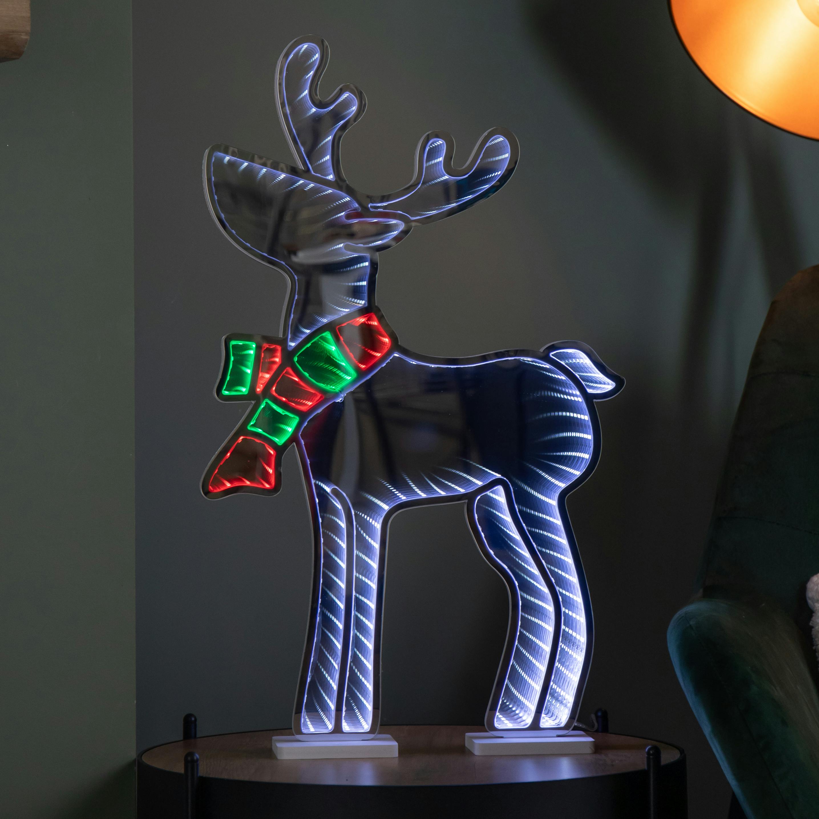 Rackhams Light 60Cm Up Standing Reindeer With Scarf Christmas Infinity Decoration With Multi-Coloured Leds