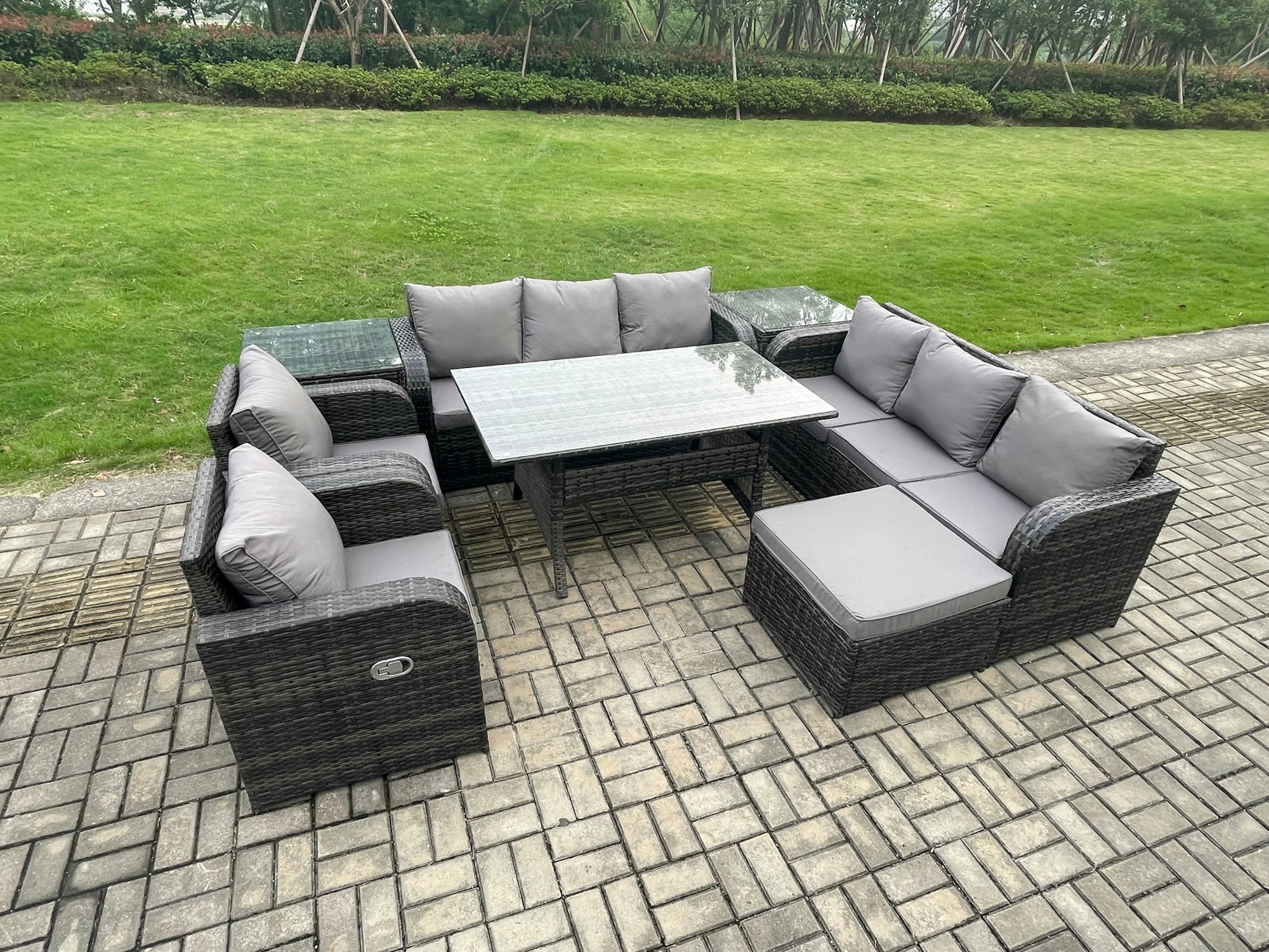 Fimous Dark/Grey Mixed Rattan Outdoor Lounge Set - Oblong/Rectangular Dining Table, 2 Side Tables & Footstool