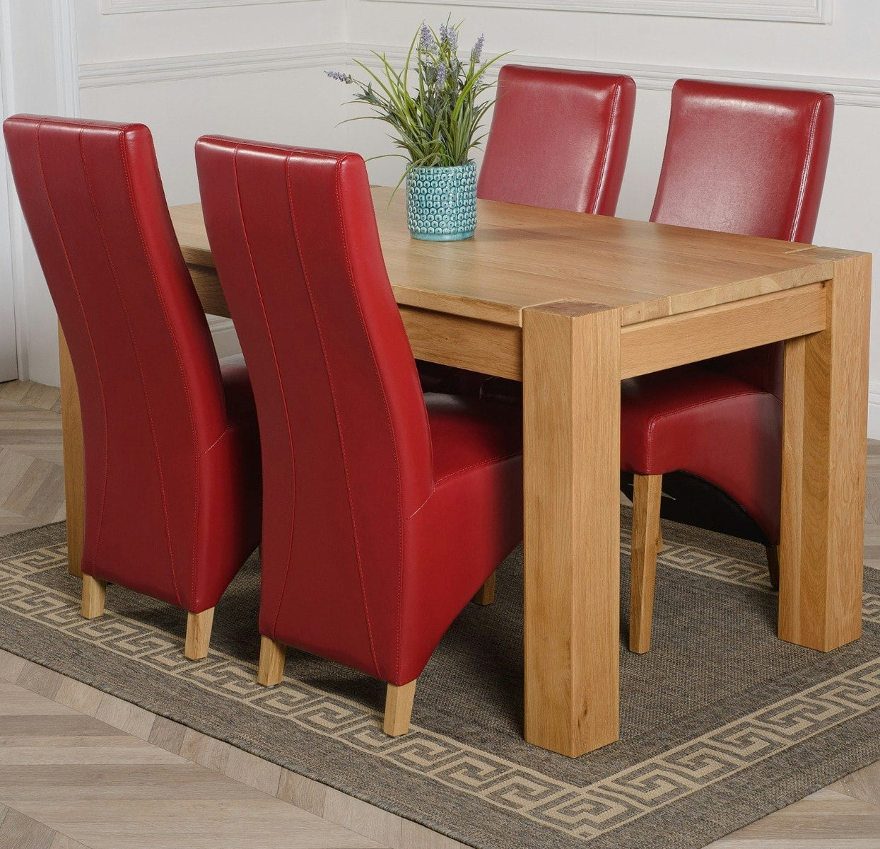 Rackhams Burgundy Kuba Medium Oak Dining Table With Lola Leather Chairs - 4 Chairs