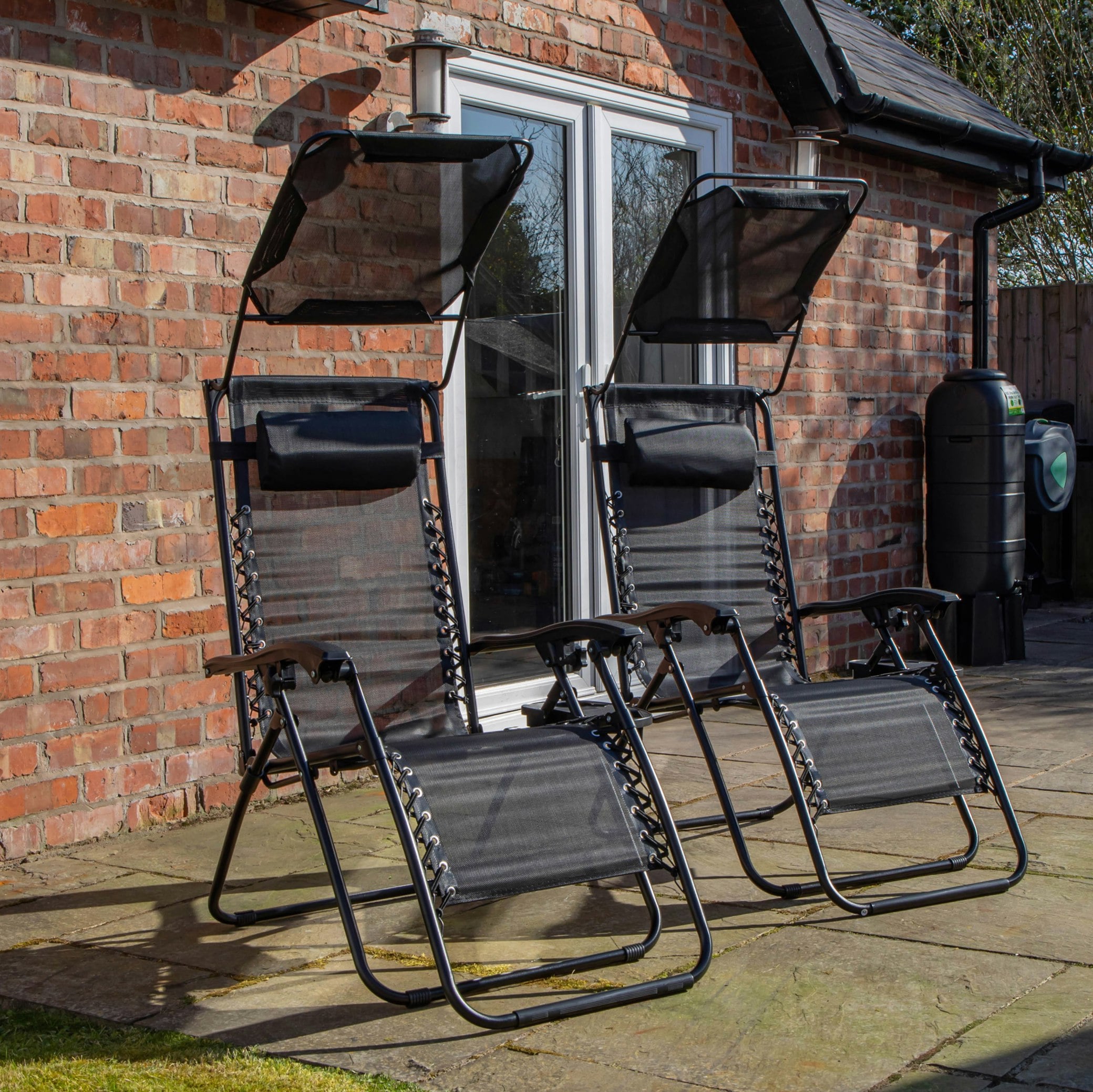 Rackhams Black Set Of 2 Multi Position Garden Gravity Relaxer Chair Sun Lounger With Sun Canopy In - Sunloungers