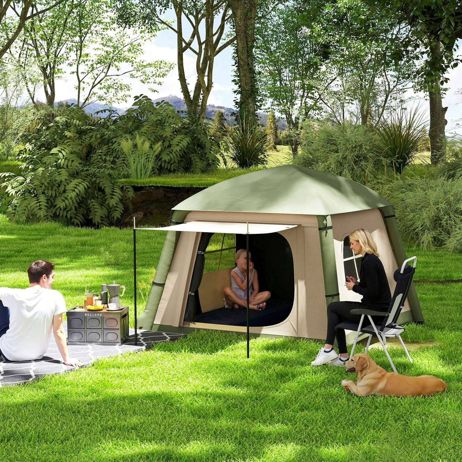Outsunny Brown Inflatable Camping Tent, Easy Setup 2 Man Tent,