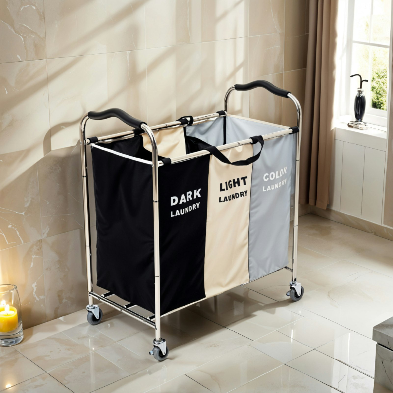 Rackhams Black 240L 3-Section Laundry Basket Detachable Metal Frames With Wheels