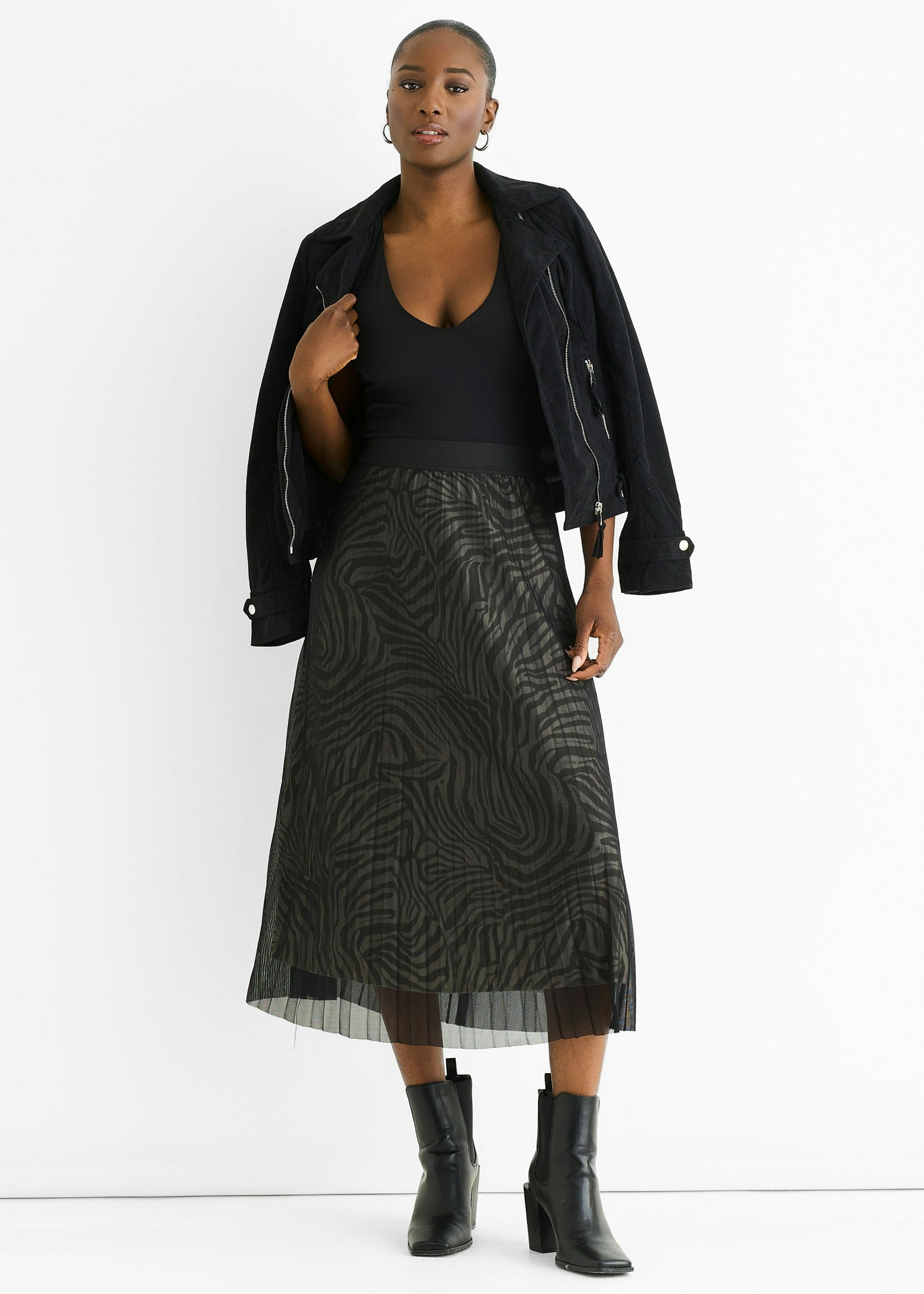 Gini London Black Animal Print Mesh Overlay Pleated Midi Skirt - Uk 14 / Us 10 / Eu 42