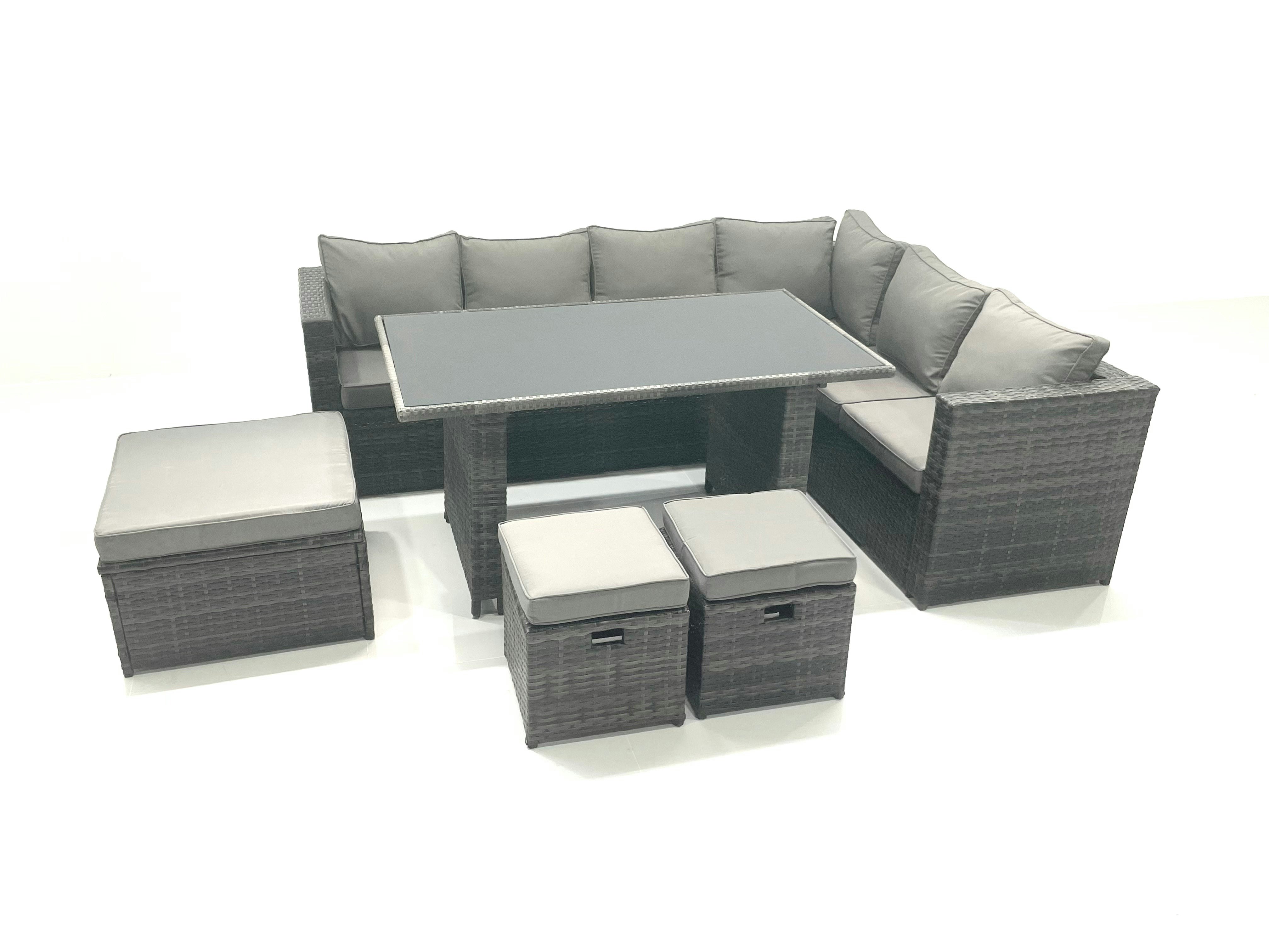 Fimous Dark/Grey 7 Seater Pe Rattan Corner Sofa Set Rectangular Dining Table Set With Seat And Back Cushion