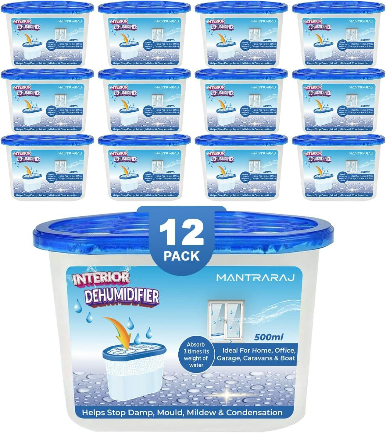 Rackhams White 500Ml Interior Dehumidifier Disposable To Stop Damp Mould Mildew Moisture Absorber - Pack Of 12 - Dehumidifier