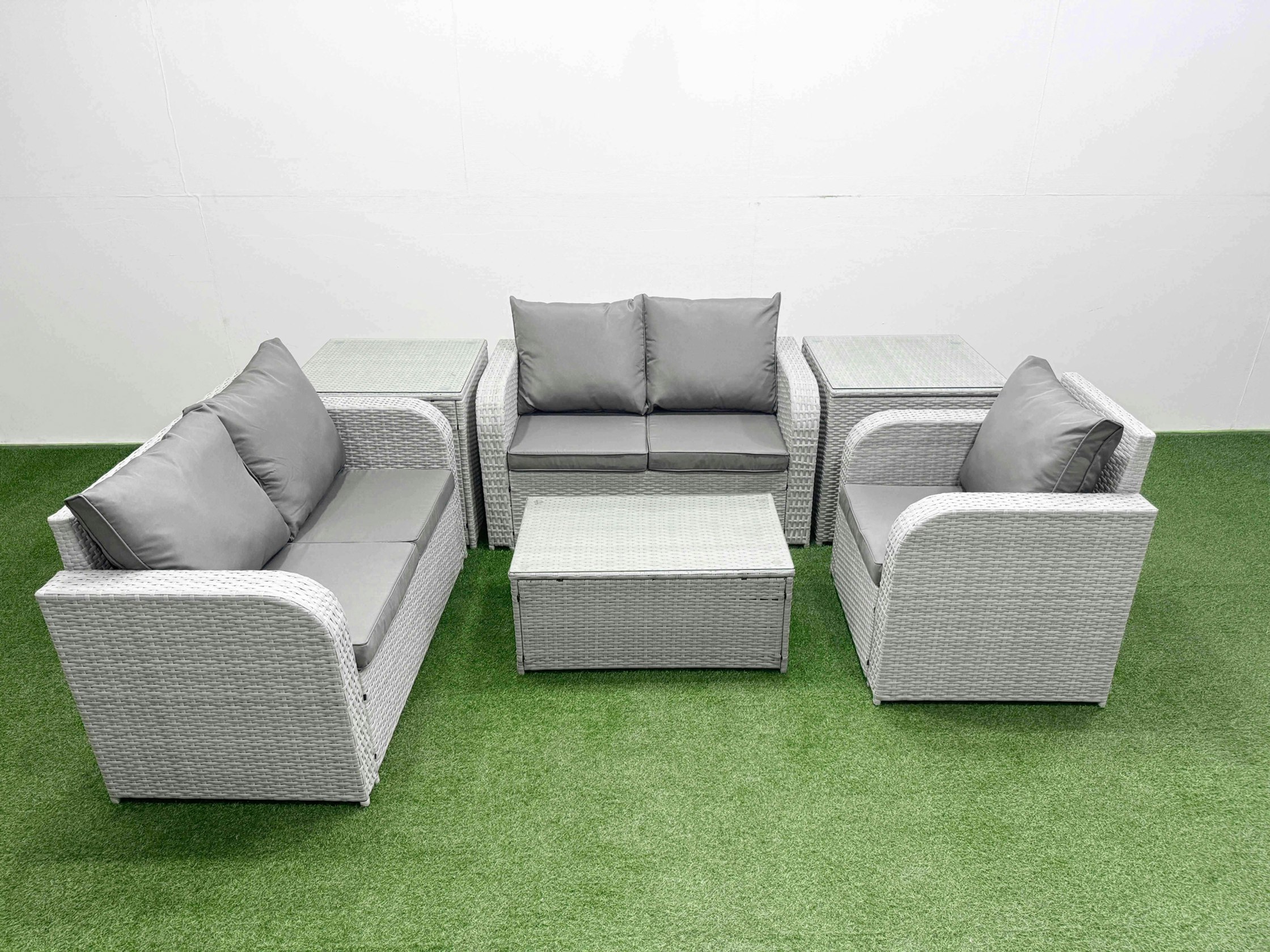Rackhams Light/Grey High Back Poly Rattan Garden Furniture Set - Indoor/Outdoor Patio Set With Reclining Chair & Rectangular Coffee Table