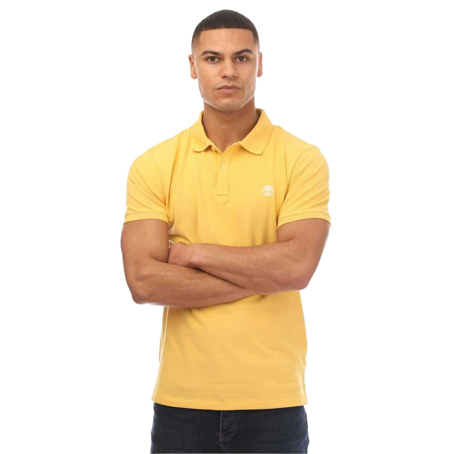 Timberland Men's Yellow Oyster River Logo Short-Sleeved Polo Shirt - M - 100% Cotton