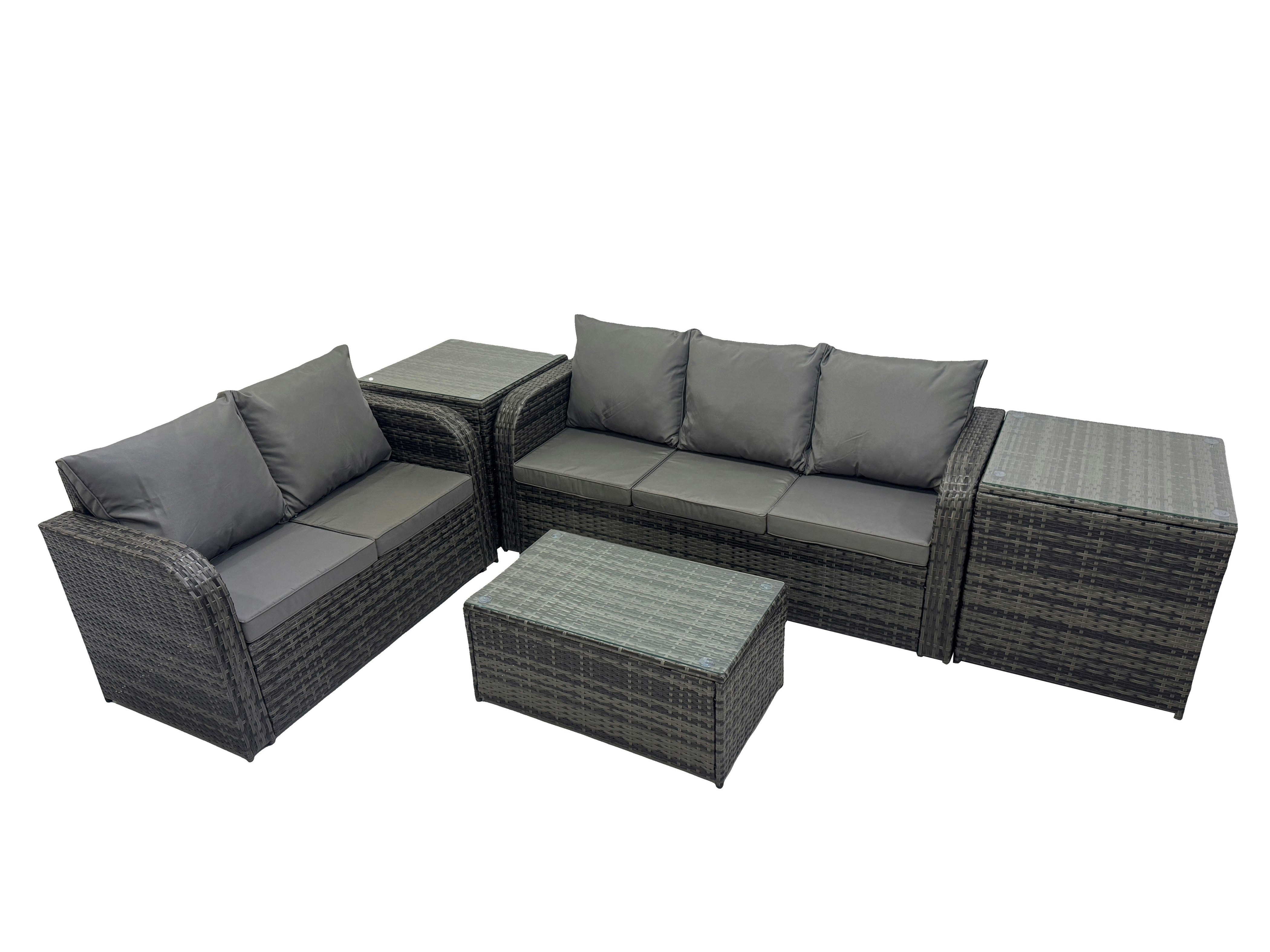 Rackhams Dark/Grey Outdoor Love Sofa 3 Seater Sofa Coffee Table Set Garden Rattan Furniture Set 5 Seater With 2 Side Tables