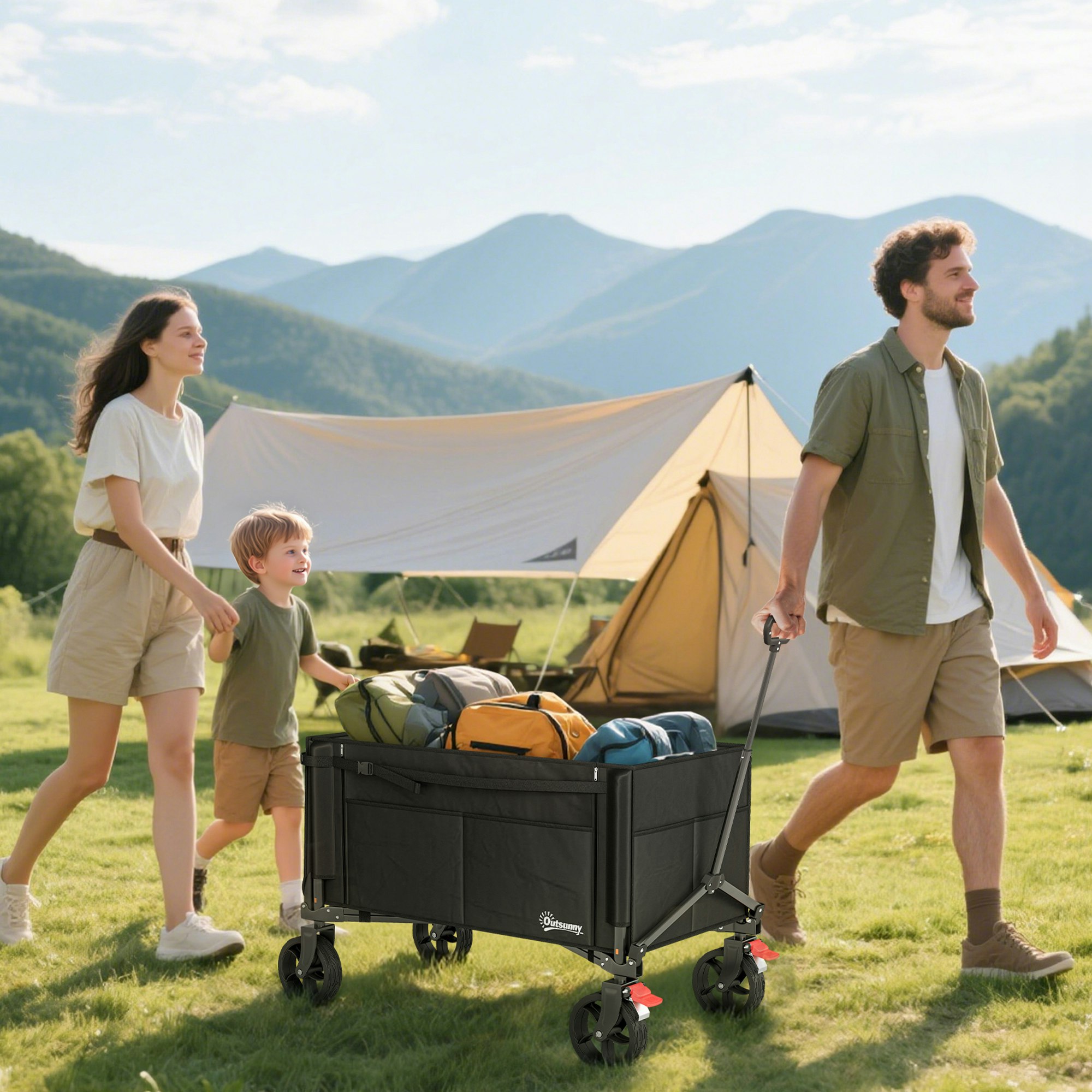 Outsunny Black Folding Trolley On Wheels, Garden Cart With Openable Sides,