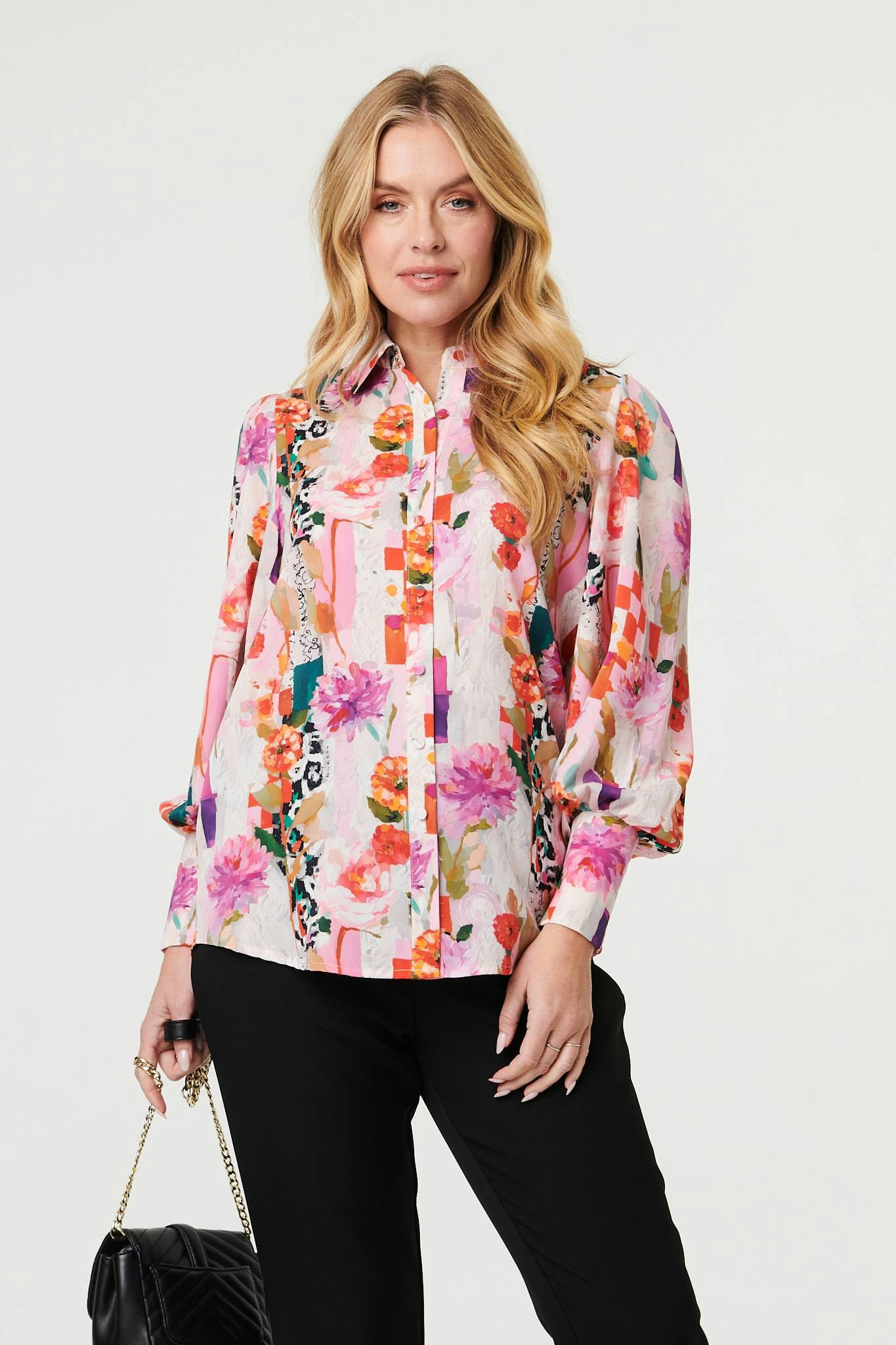 Izabel London Women's Pink Abstract Floral Long Puff Sleeve Shirt - 8