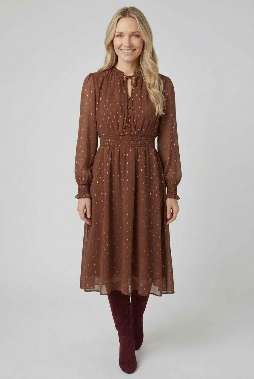 Izabel London Brown Printed Layered Long Sleeve Midi Dress - 16