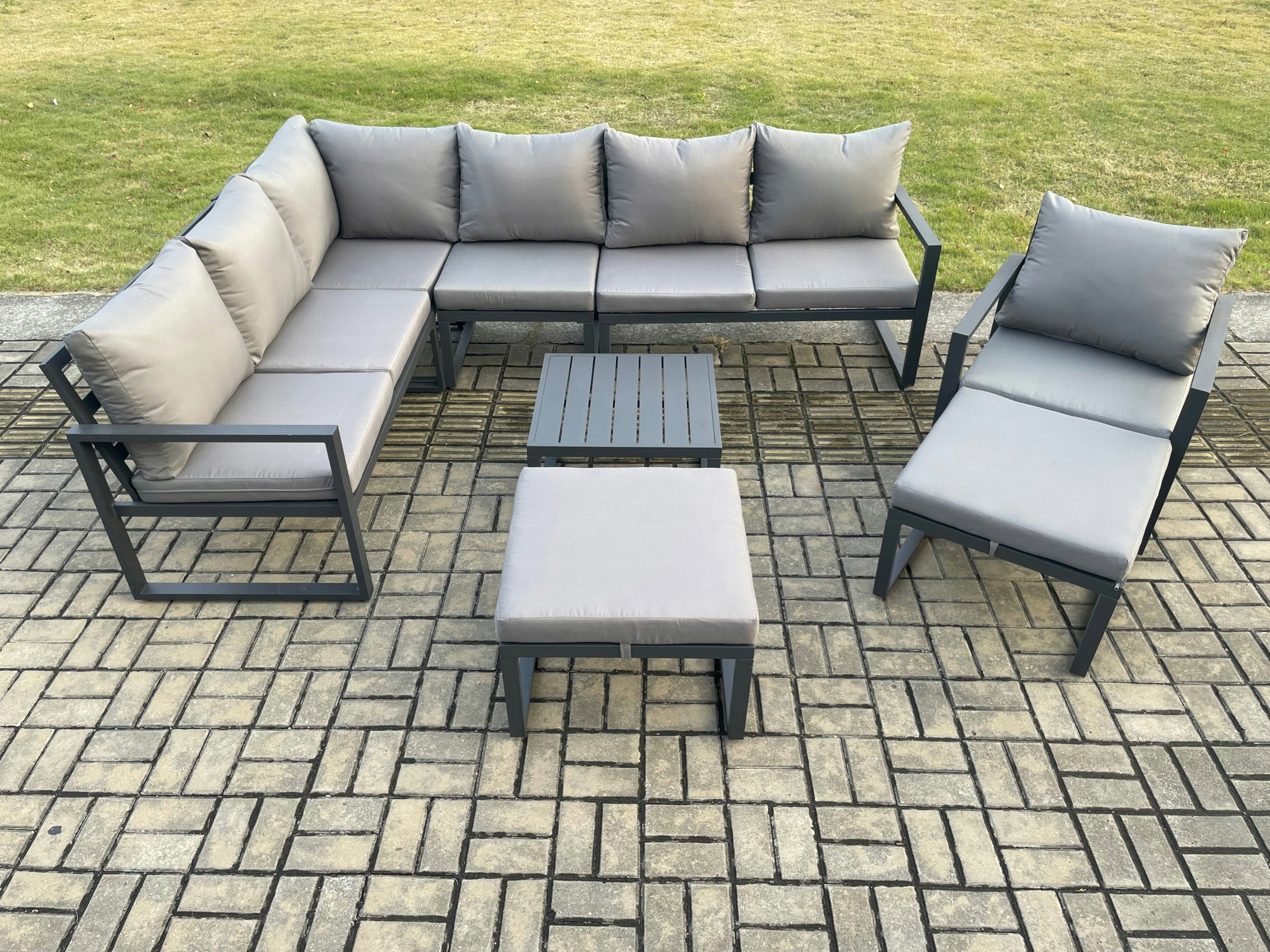 Fimous Dark/Grey 9 Seater Outdoor Lounge Corner Sofa Set Aluminum Garden Furniture Sets With Square Coffee Table Chair 2 Big Footstool