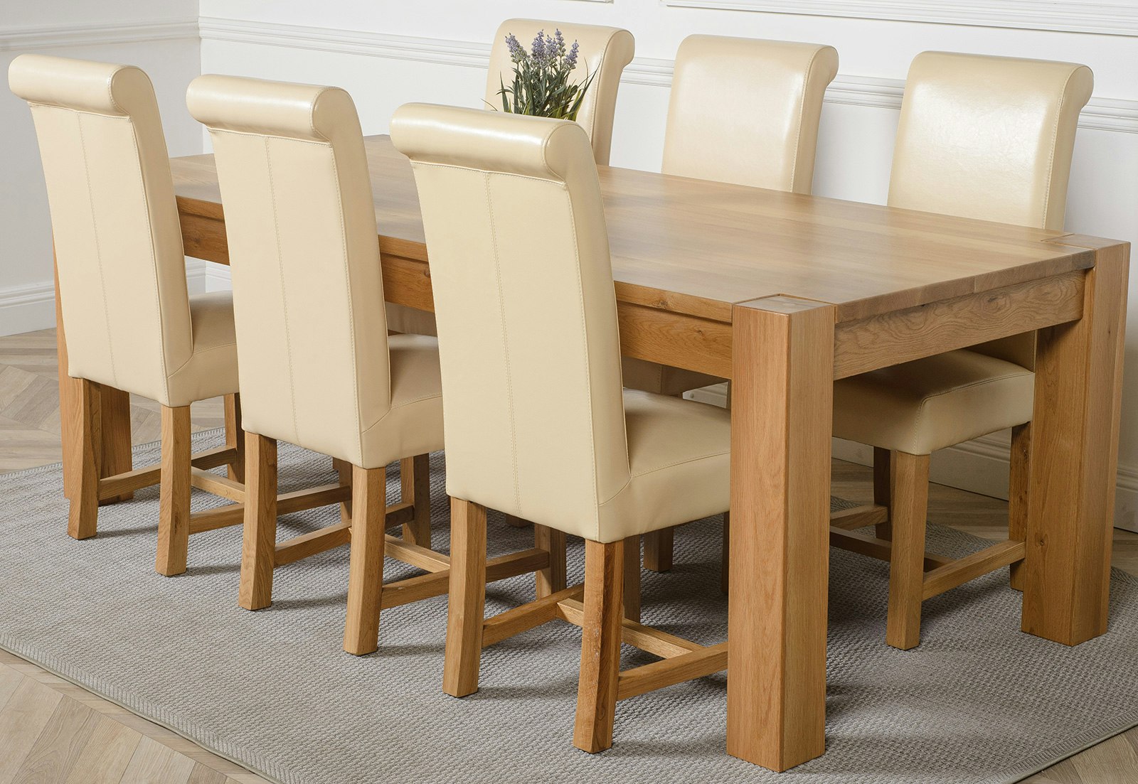 Rackhams Ivory Kuba Extra Large Oak Dining Table With Washington Leather Chairs - 6 Chairs