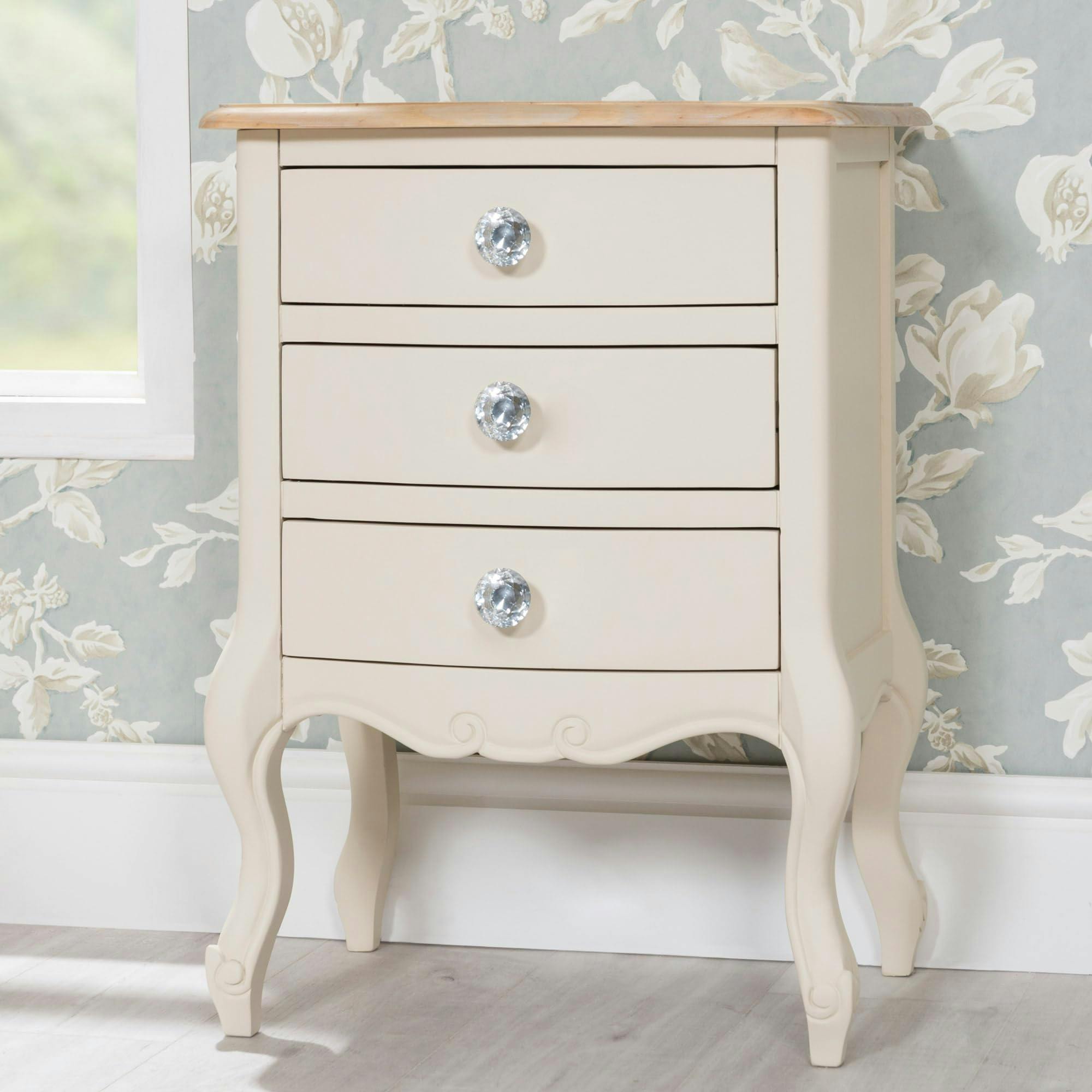 Rackhams Cream Juliette Vintage Chic 3 Drawer Bedside Table With Crystal Handles - Champagne,