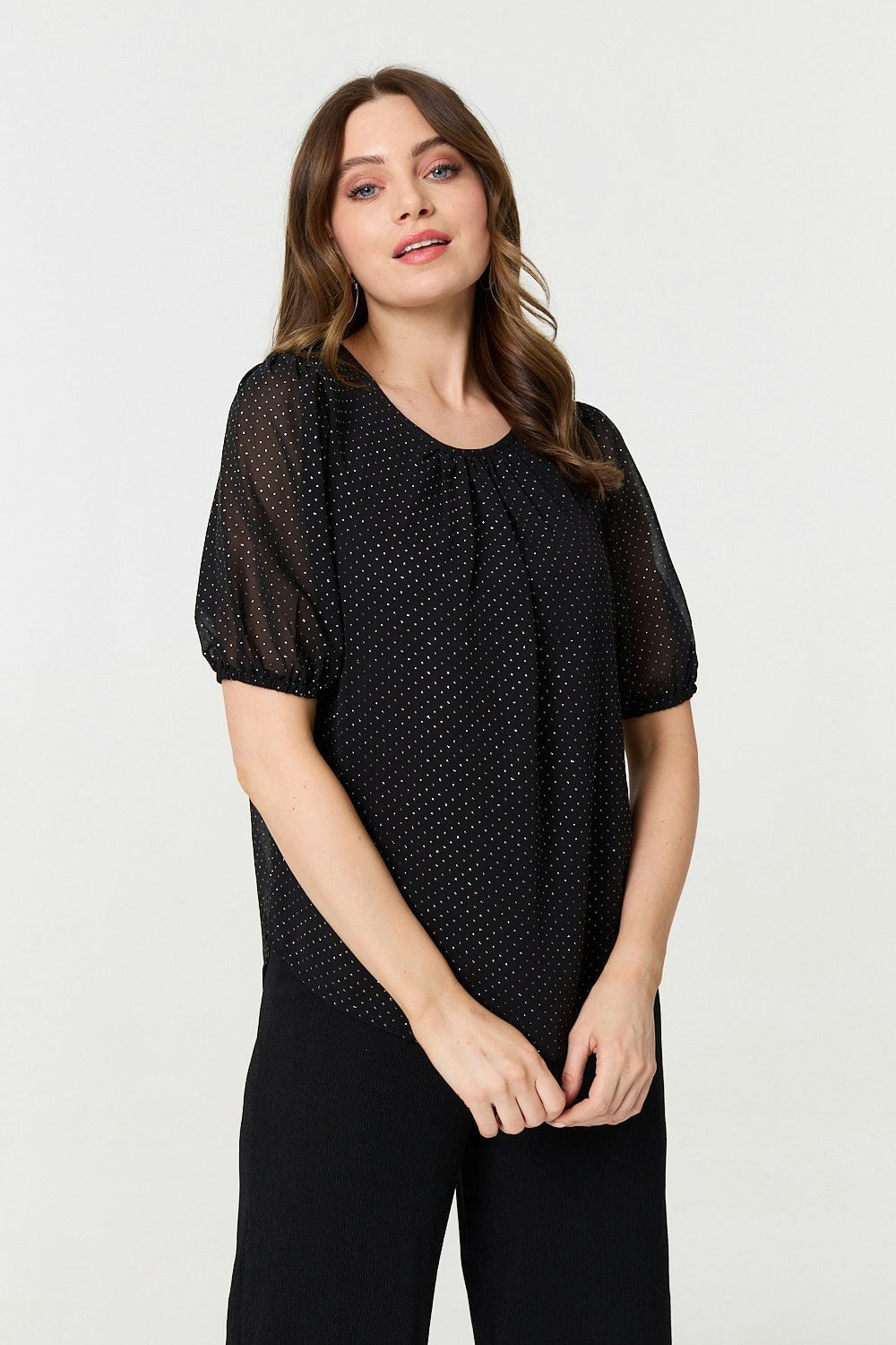 Izabel London Black Polka Dot Print Semi Sheer Blouse - 12