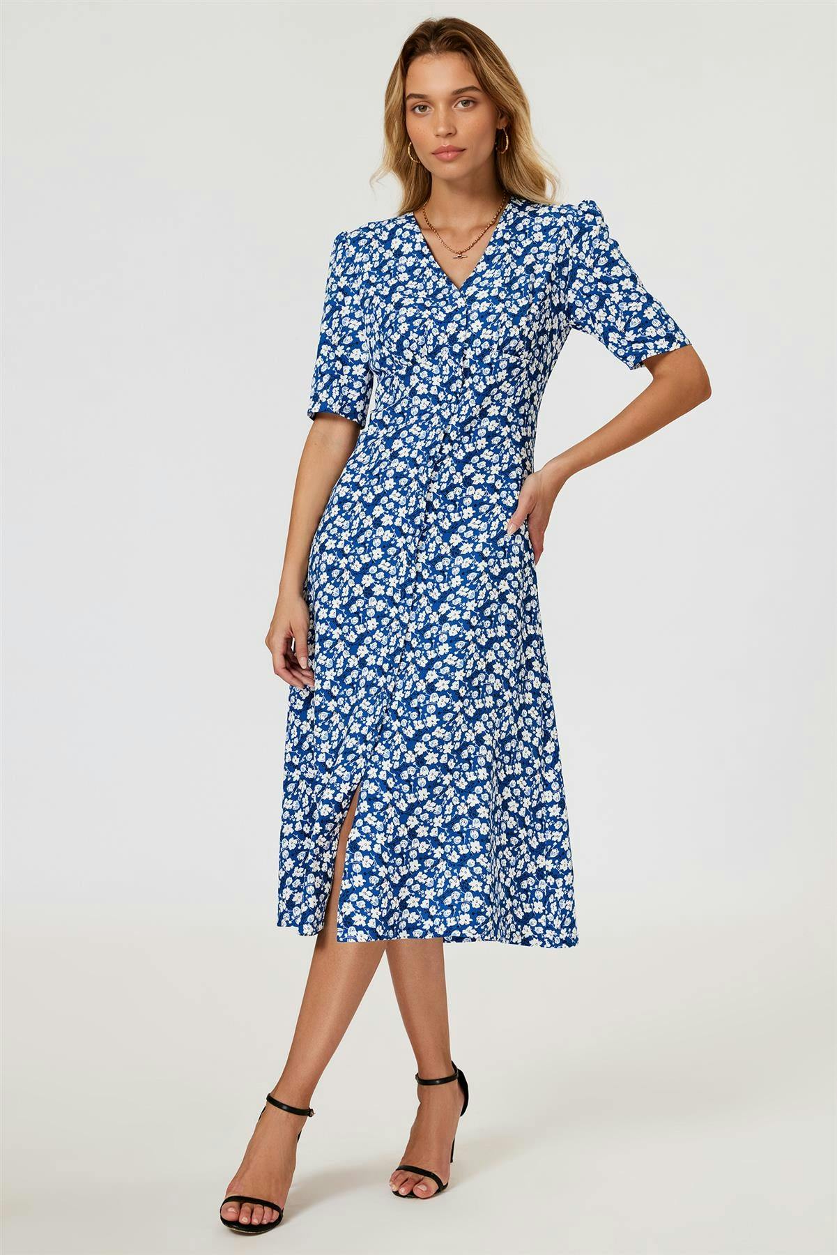 Fs Collection Blue Floral Print Button Front Midi Dress In - M