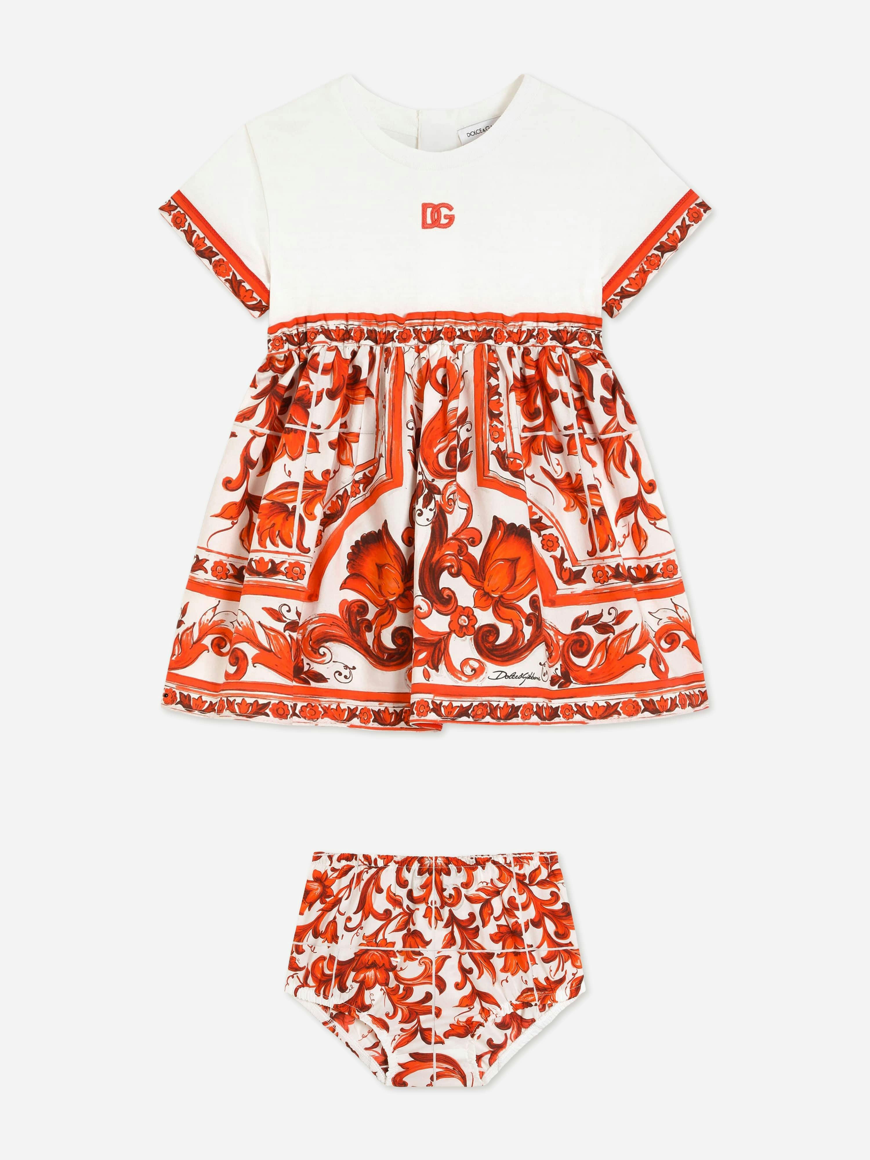 Dolce & Gabbana Kids Girls Orange Dolce & Gabbana Baby Majolica Logo Dress With Knickers In - 9-12 Mths