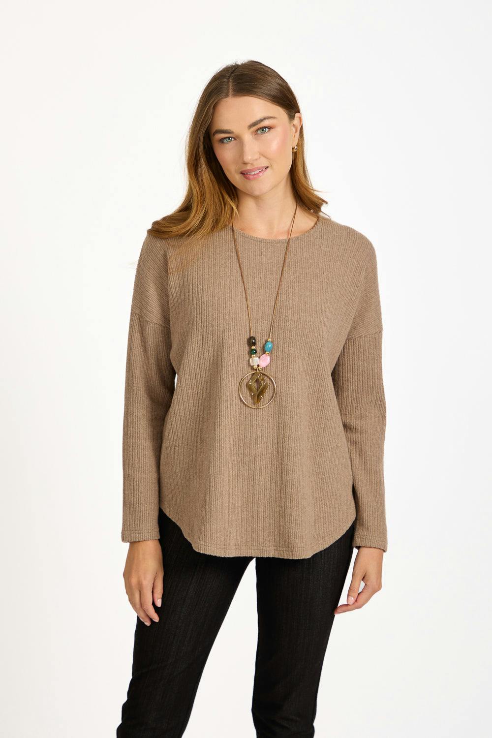 Mudflower Beige Textured Stripe Necklace Top - 10