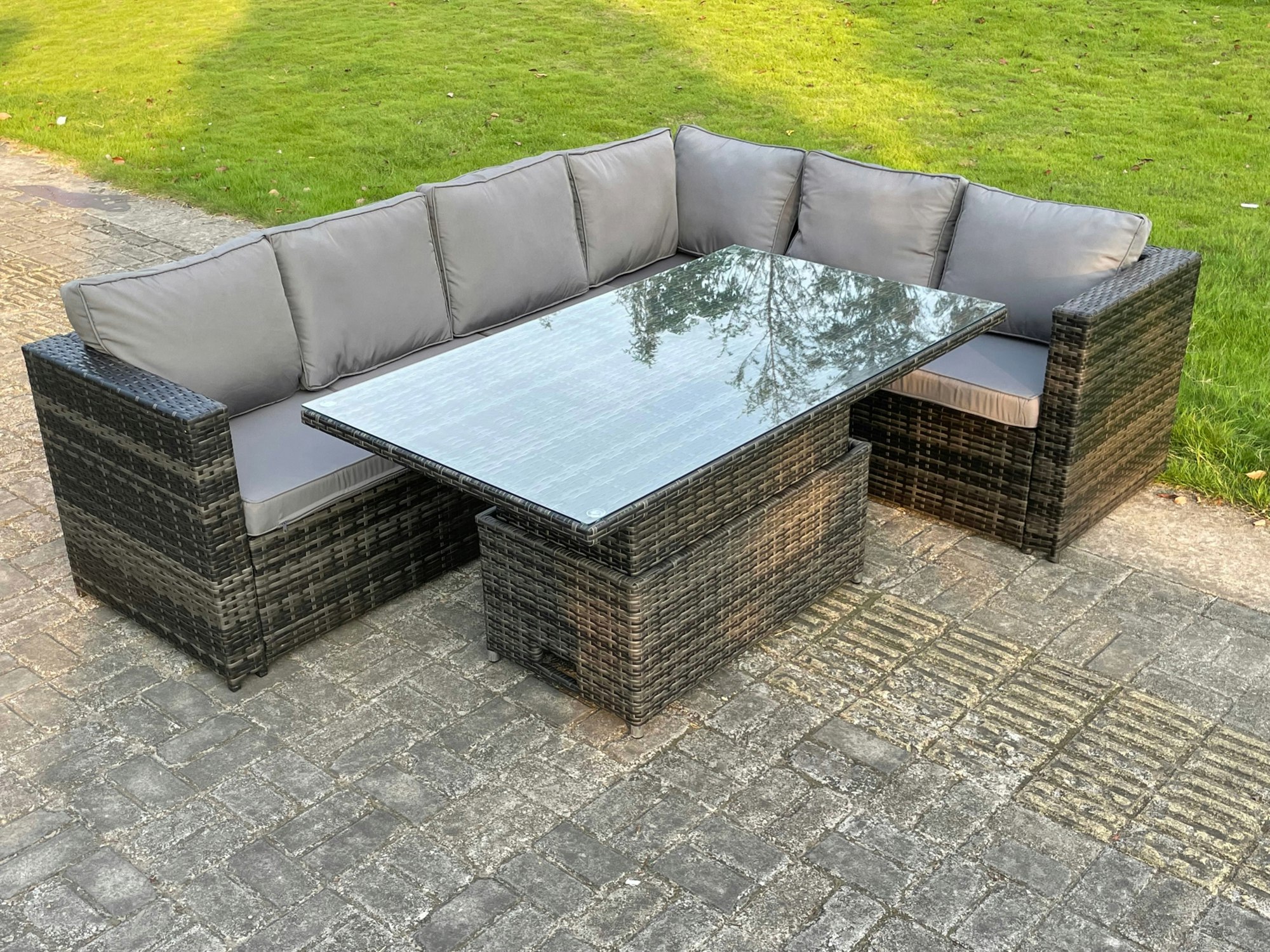 Rackhams Dark/Grey 6 Seater Rattan Corner Sofa Set Rising Adjustable Dining Table Set With Seat And Back Cushion