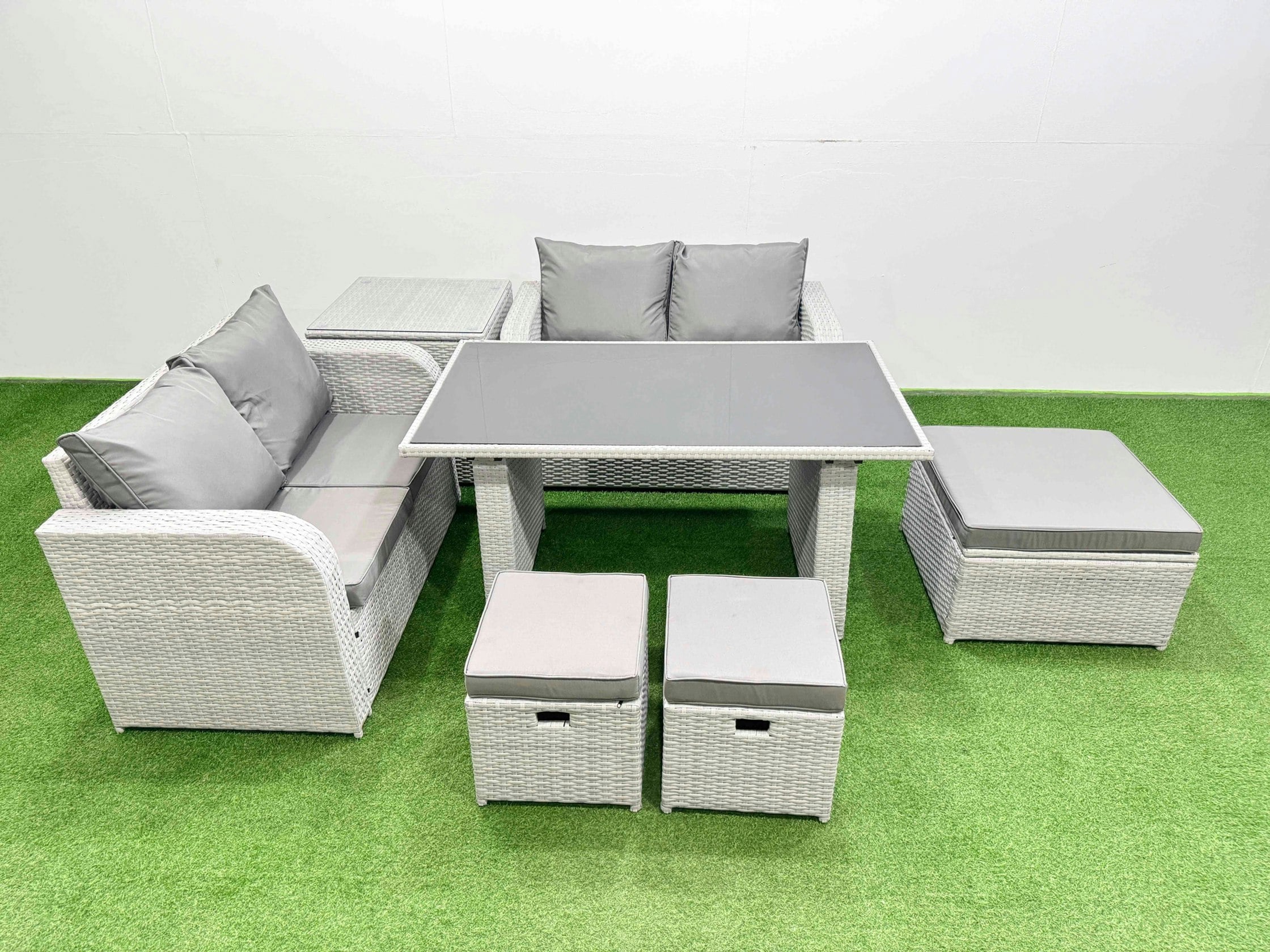 Rackhams Light/Grey 7 Pieces Outdoor Pe Rattan Sofa Set Patio Garden Furniture Sets With Cushions Side Table 3 Stools