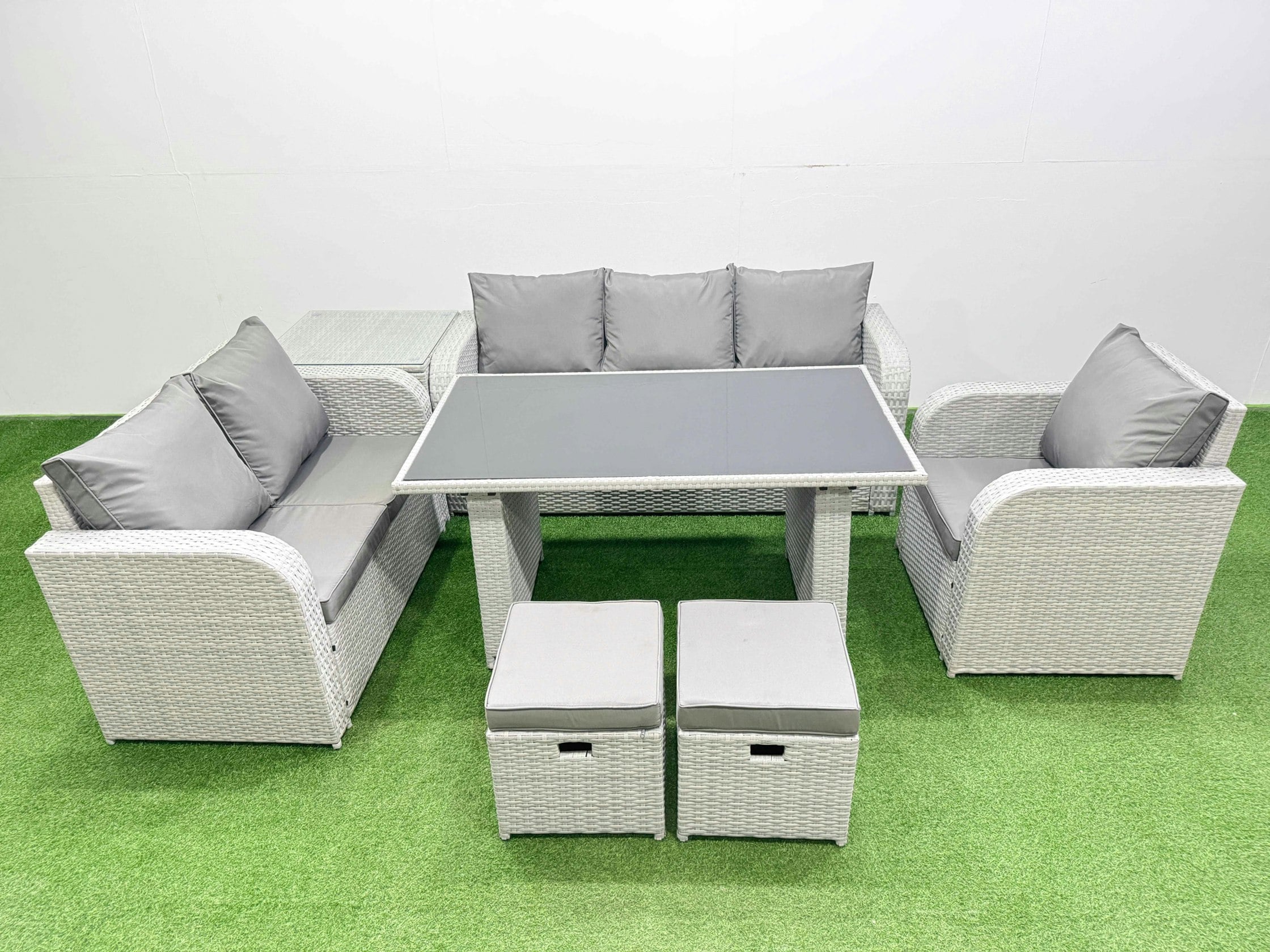 Fimous Light/Grey Rattan Outdoor Table Reclining Chair Sofa Set With Side Table 2 Small Stools 8 Seater