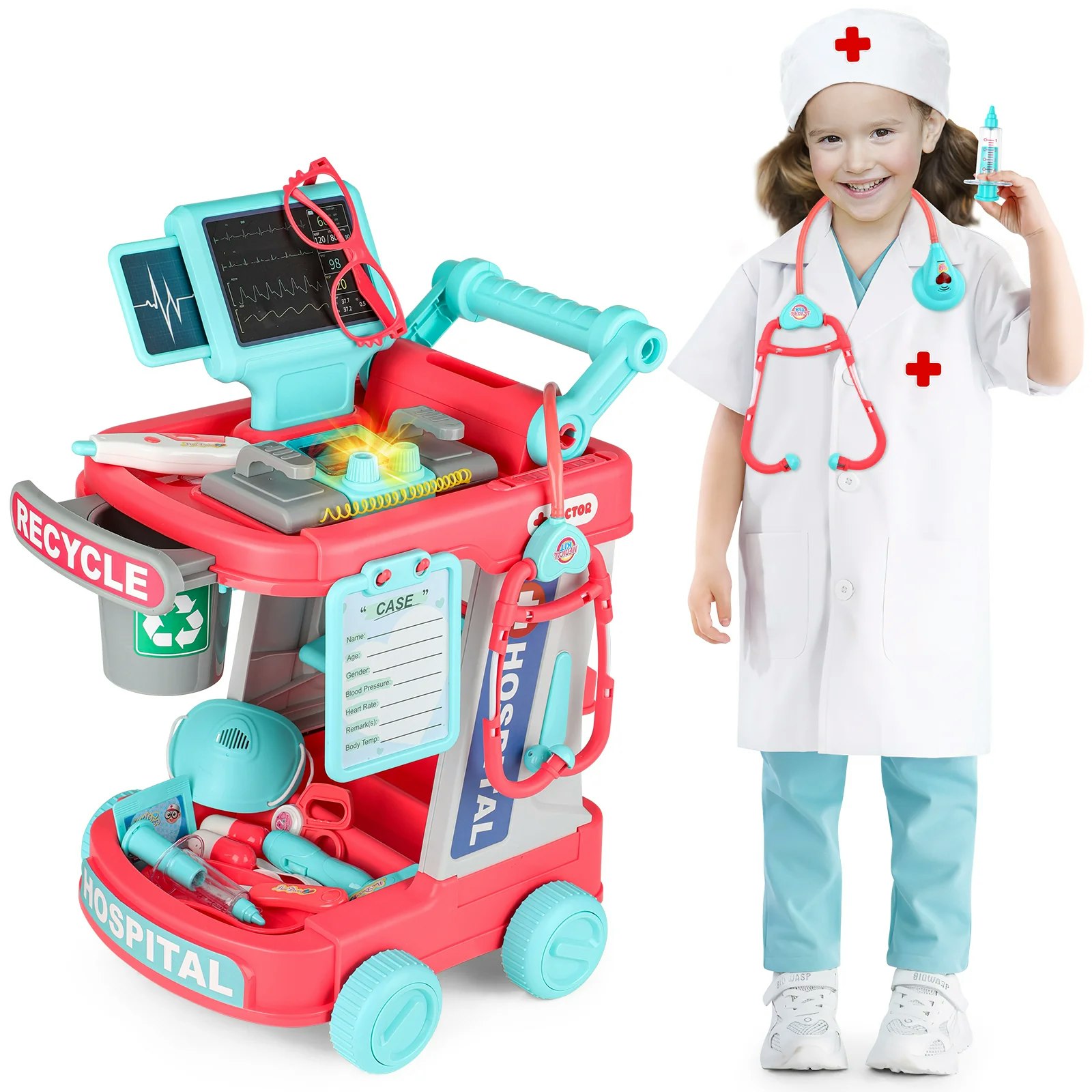 Deao Toys 22Pcs Educational Pretend Medical Station Set Doctor Children Role Play Trolley Set Gift For Kids Age 3+