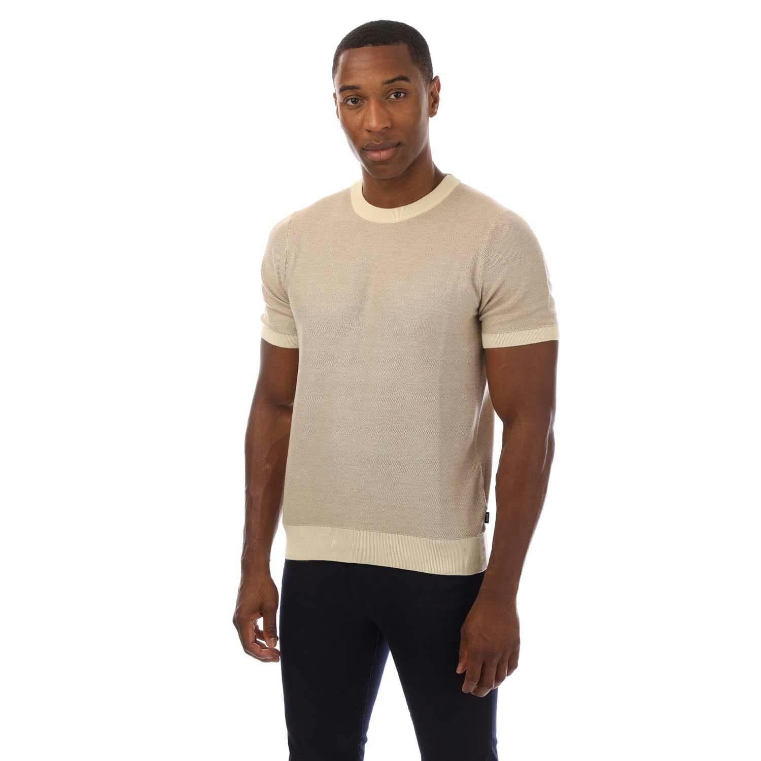 Hugo Boss Men's Beige Knitted T-Shirt - Xs - 77% Cotton/23% Lyocell