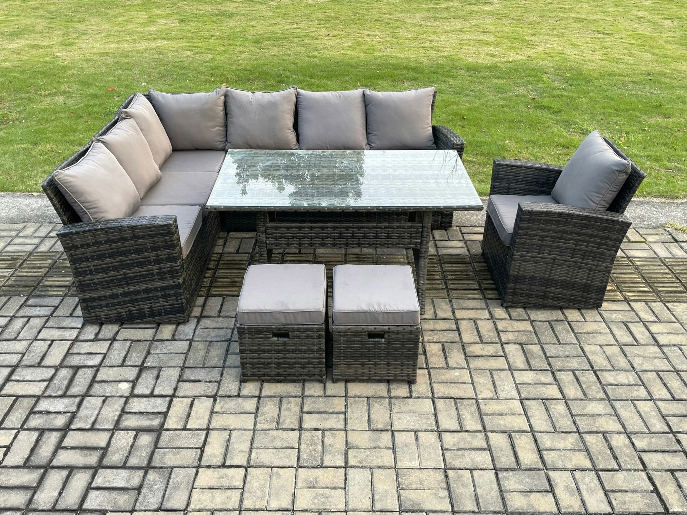 Rackhams Dark/Grey 9 Seater Garden Rattan Furniture Corner Dining Set With 2 Small Footstools Armchair Indoor Outdoor Lounge Sofa Set