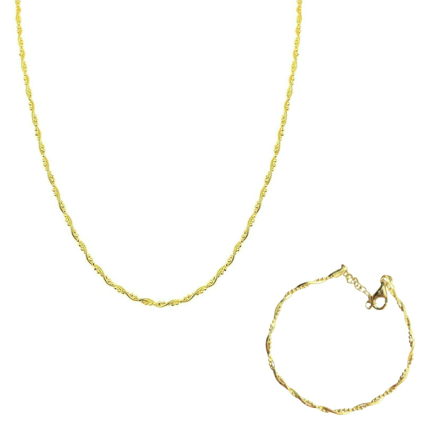 Spero London Silver/Gold Twisted Beads Sterling Chain Necklace And Bracelet Set