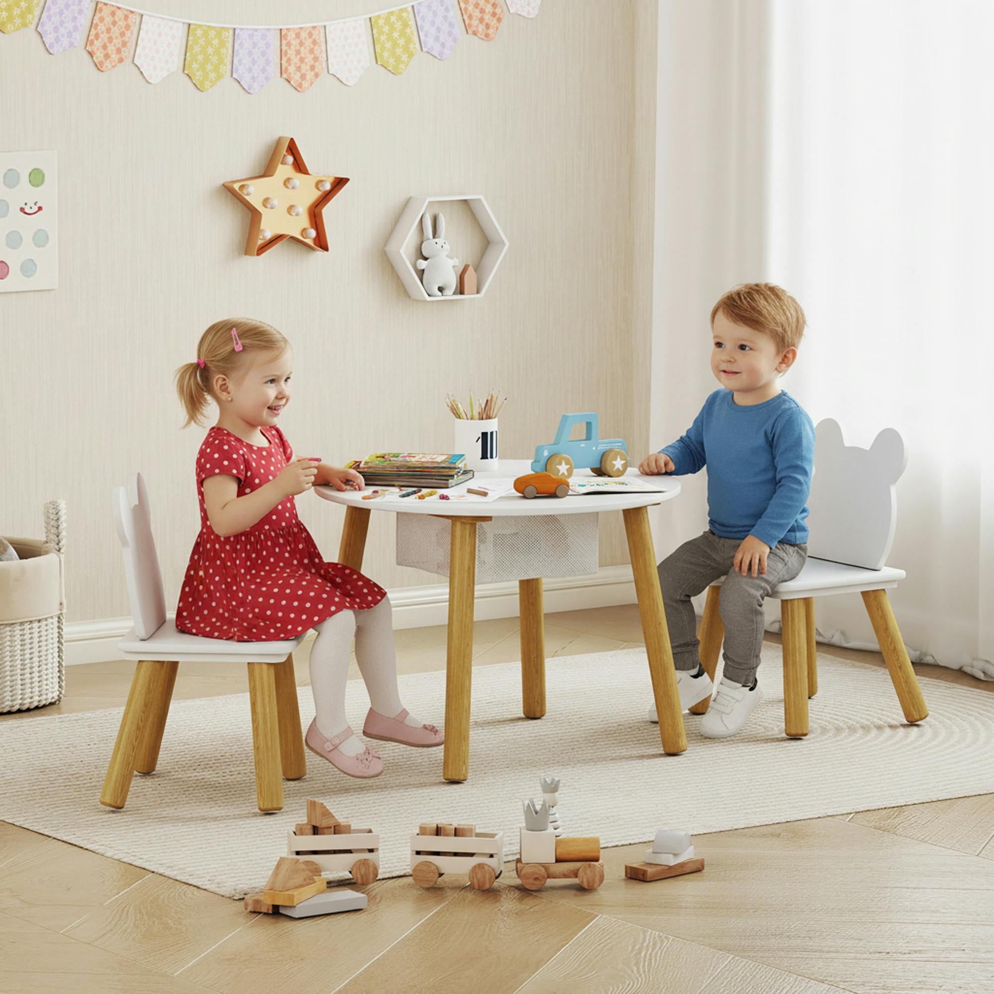 Rackhams White 3 Pieces Toddler Table And Chair Set W/ Centre Mesh Bag,