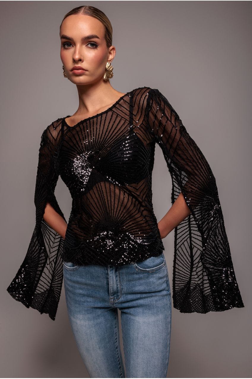 Goddiva Black Sequin Starburst Cape Sleeve Top - By - 16