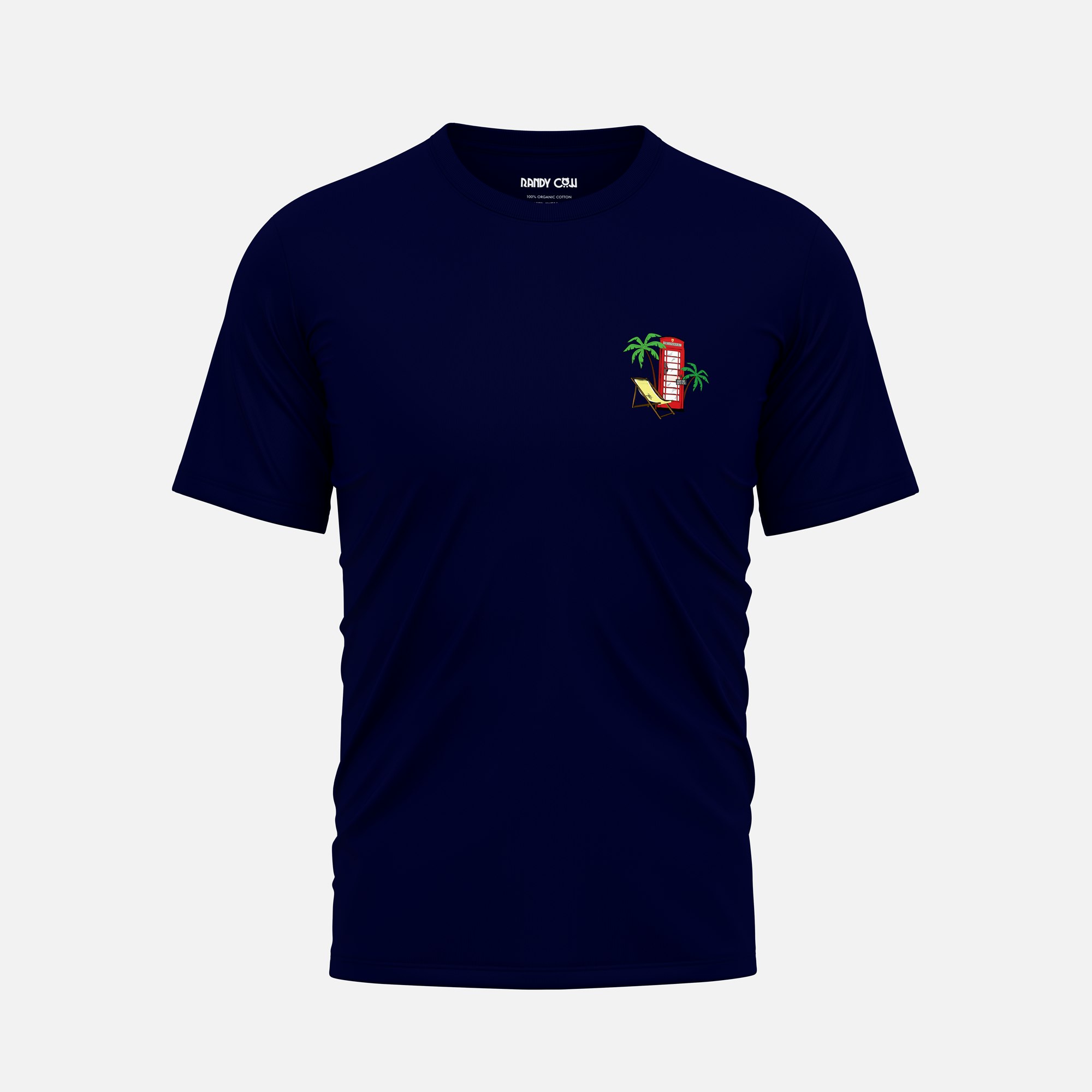 Randy Cow Red London Beach Club Phone Box - Navy Organic Cotton T-Shirt - 2 - Without Back Graphic