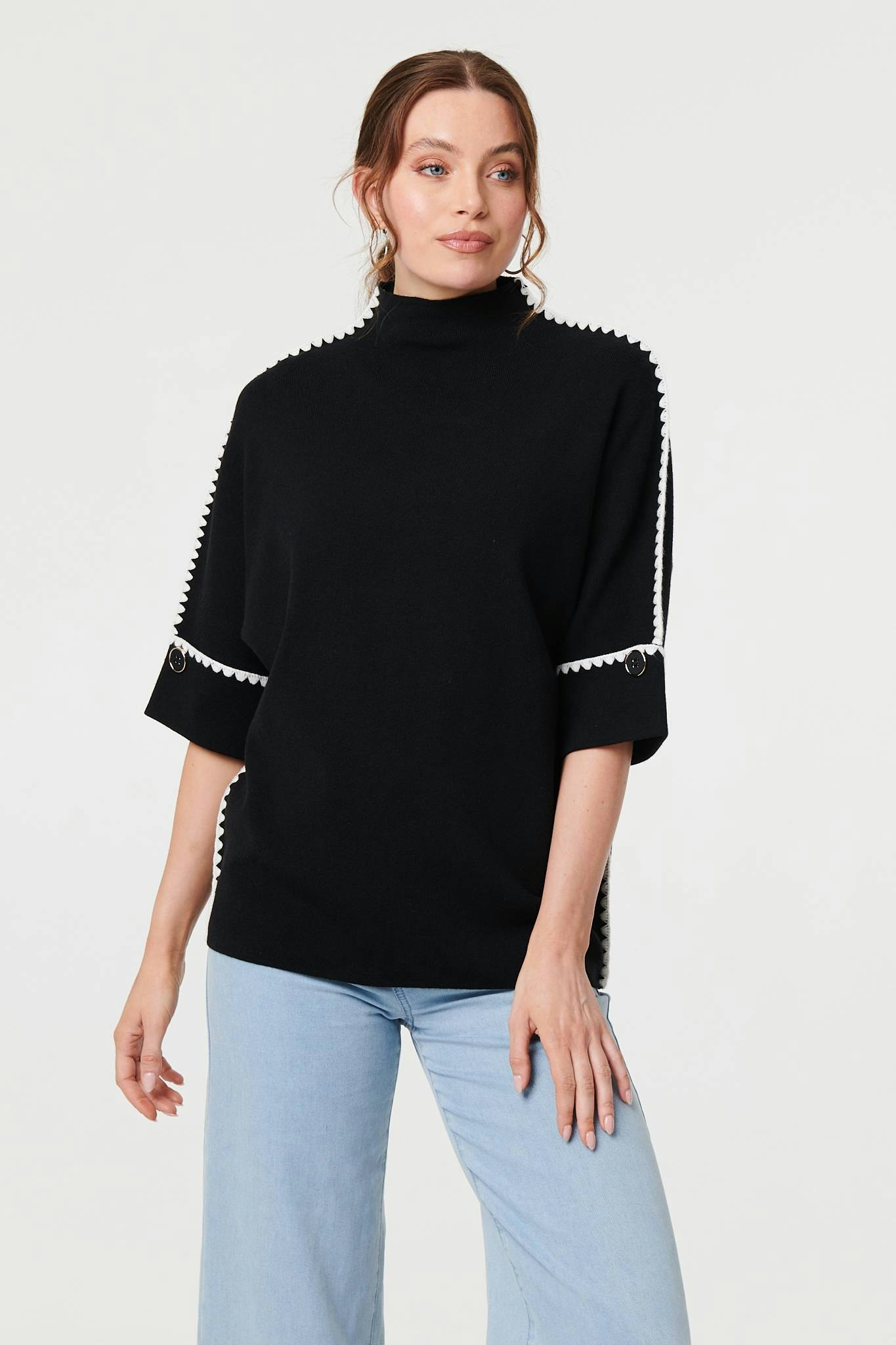 Izabel London Black Contrast Trim 3/4 Sleeve Jumper - S/M