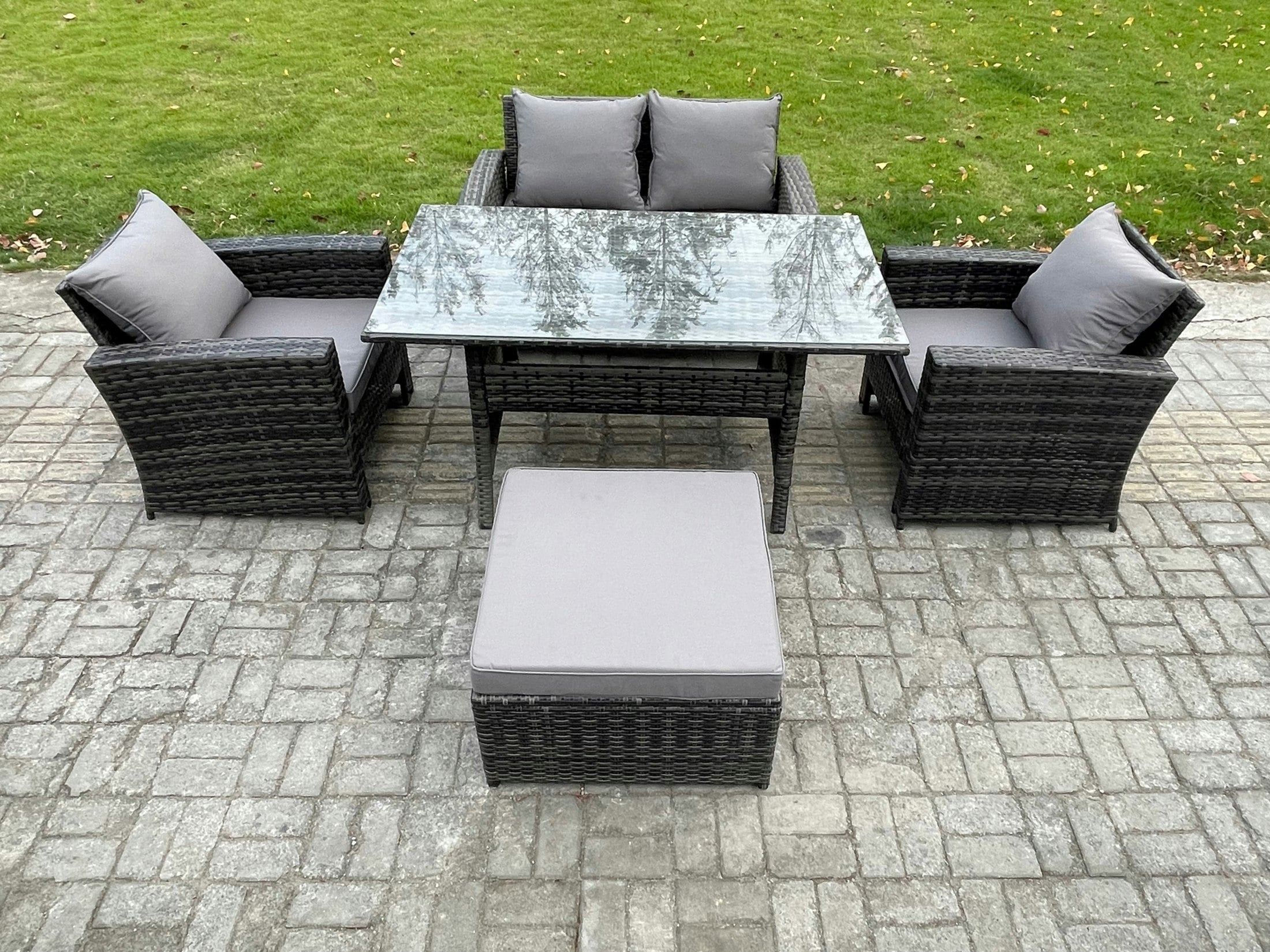 Rackhams Dark/Grey Pe Wicker Outdoor Garden Furniture Set Patio Furniture Rattan Rectangular Dining Table Lounge Sofa With Big Footstool