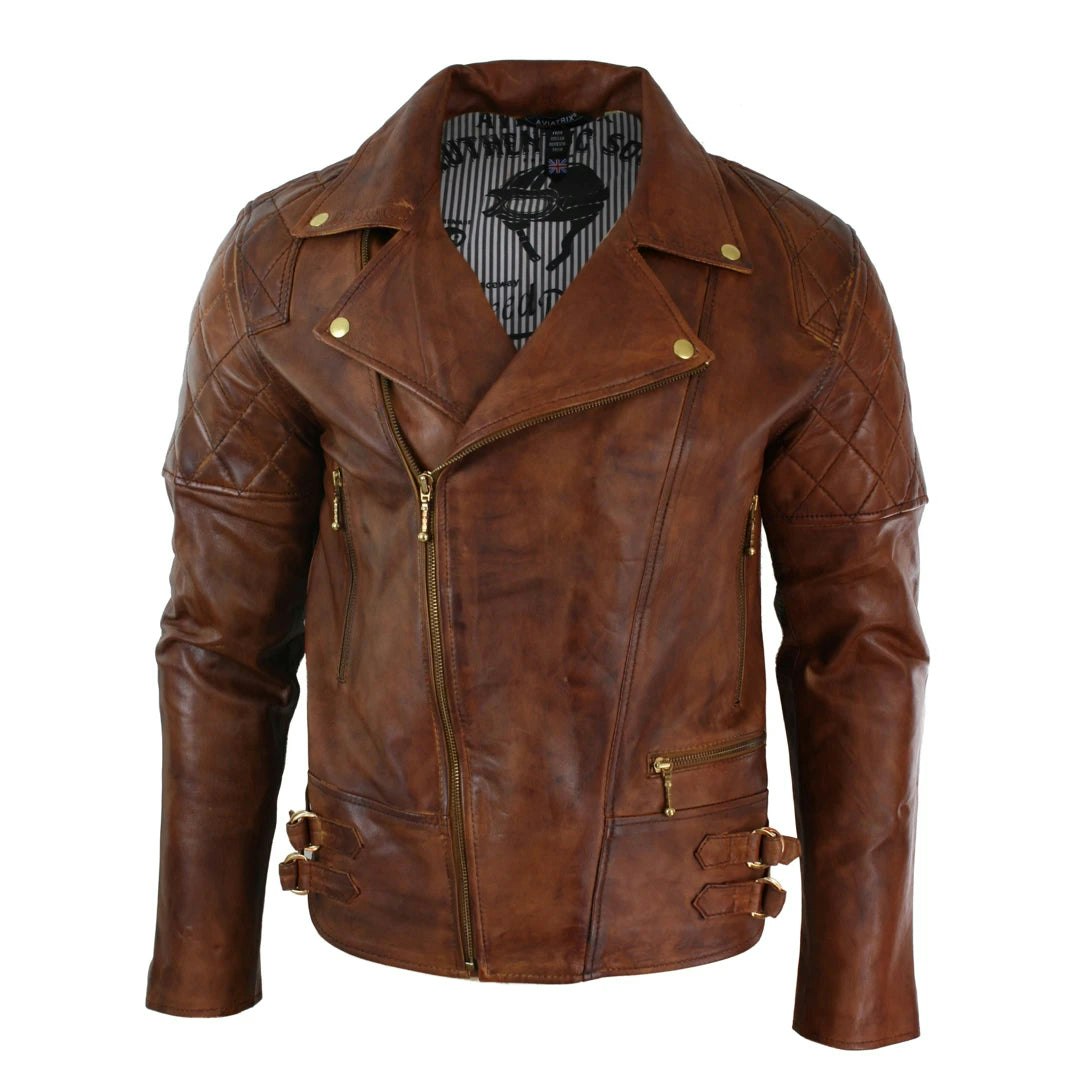 Aviatrix Men's Brown Cross Zip Biker Punk Rock Leather Jacket - Timber - 3XL