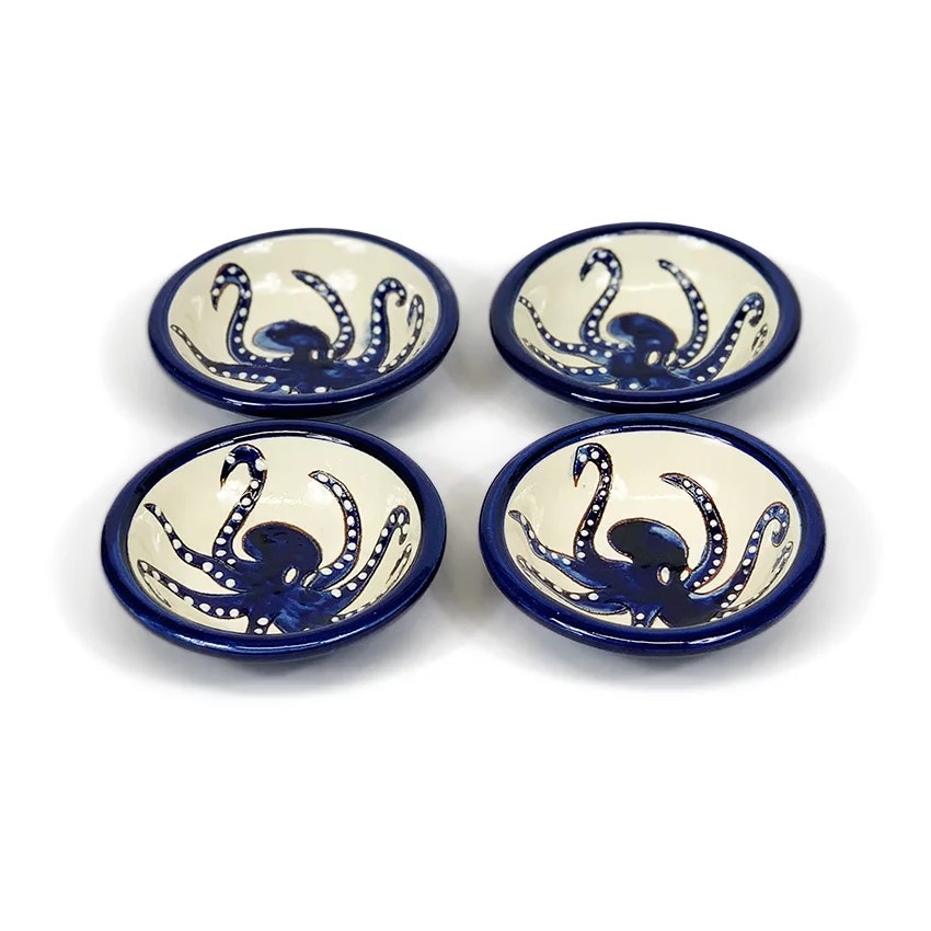 Verano Spanish Ceramics Blue/White Signature - & Octopus - Mini Tapas Bowls Sets Of 4 - Octopus - Set Of 4 X 10Cm Bowls - Ceramic