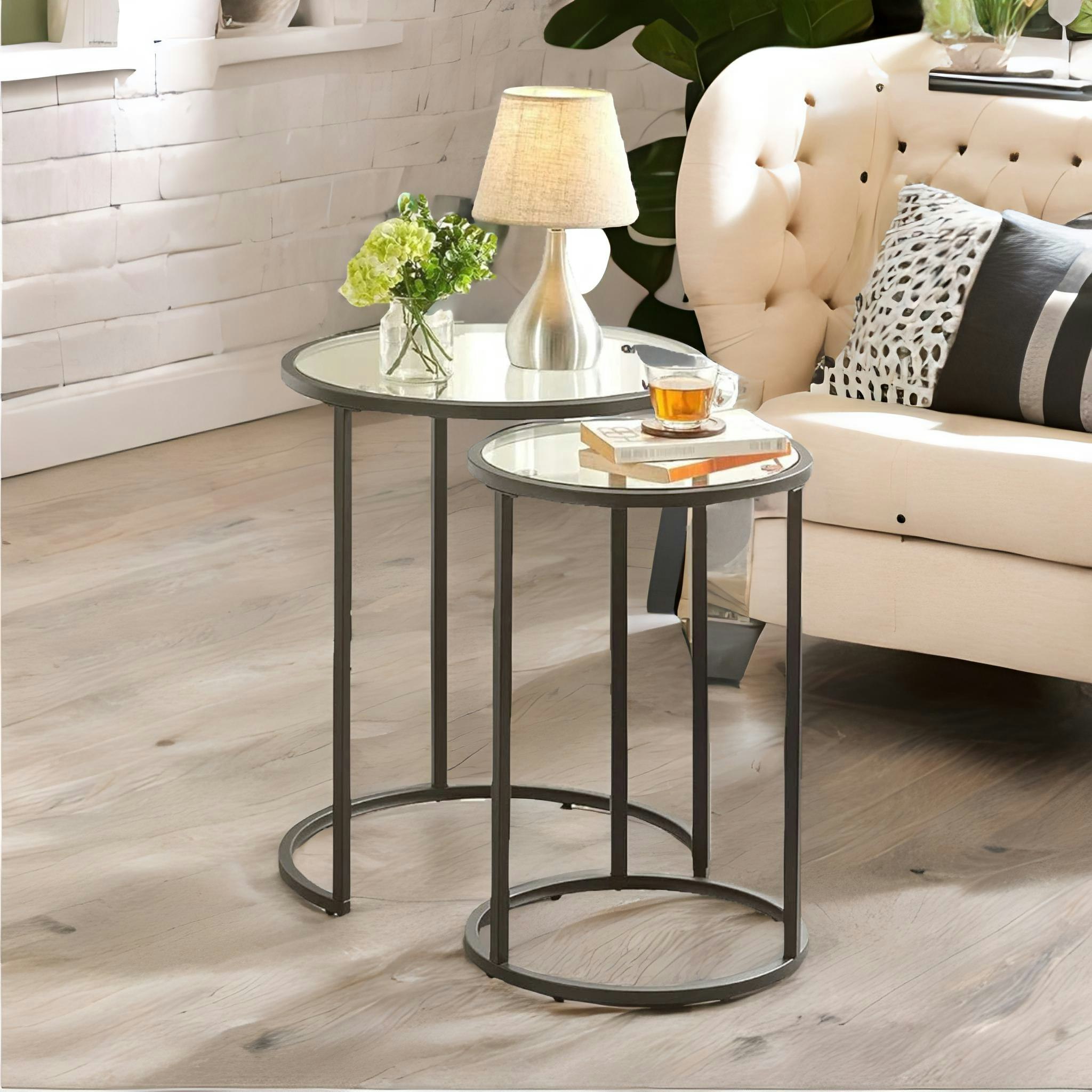 Rafaelo Mobilia Black Set Of 2 Round Nesting Coffee Tables With Tempered Glass Top