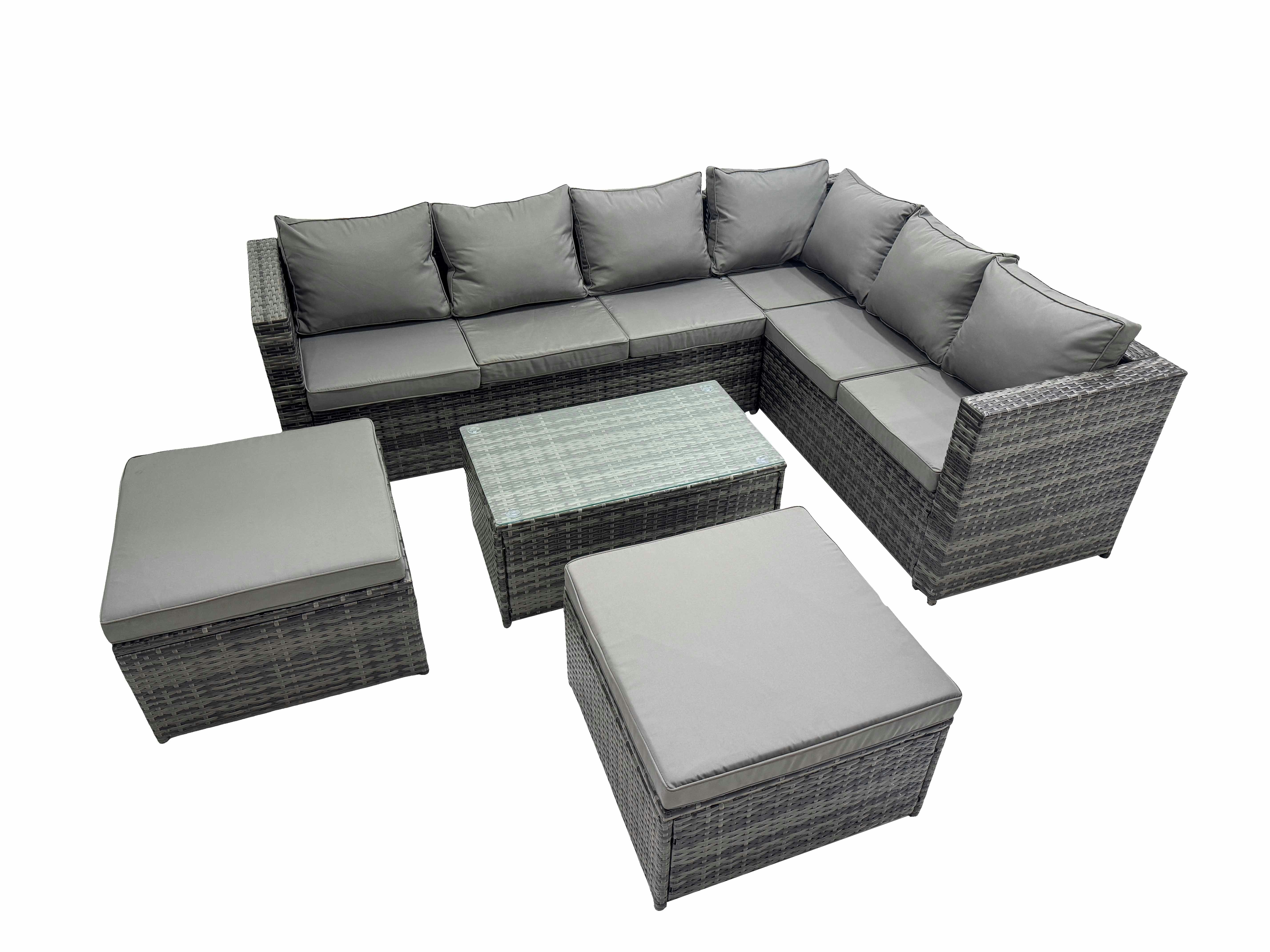 Rackhams Dark/Grey Outdoor Sofa Oblong Coffee Table Set Rattan Garden Furniture Set With 2 Big Stools Mixed