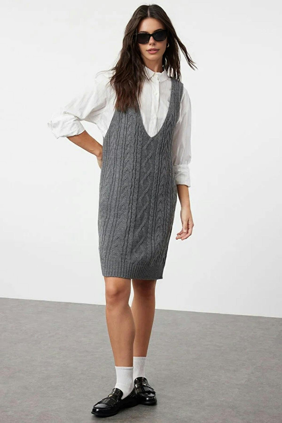 Wovcor Dark/Grey Mini Hair Knitted Knitwear Vest Dress - M