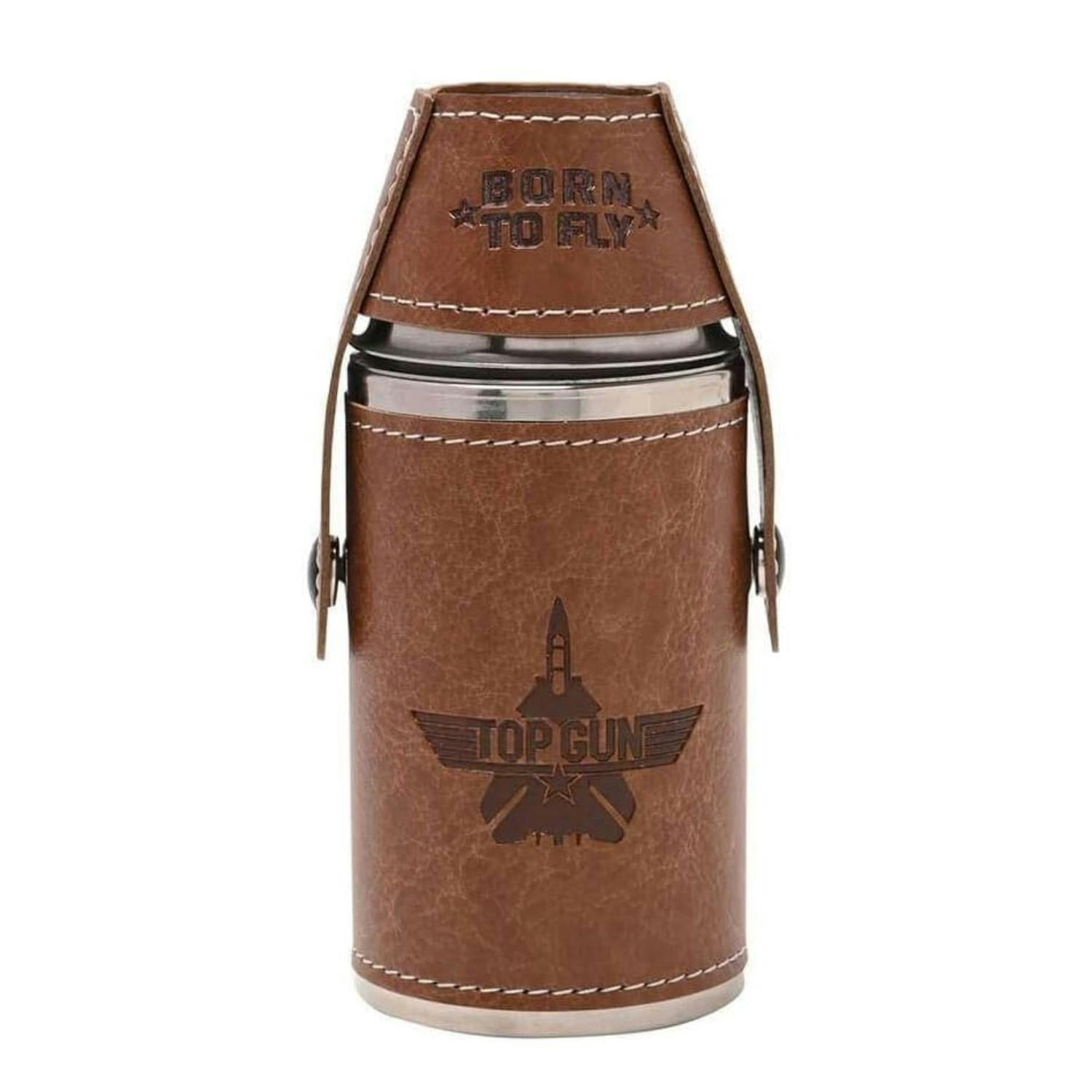 Rackhams Brown Top Gun Stainless Steel 6Oz Travel Flask Faux Leather Wrap - Stainless Steel - 1