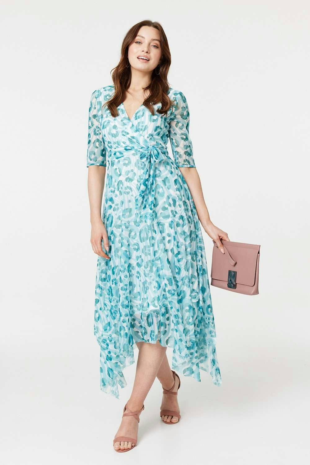 Izabel London Light Animal Print Sheer Tie Waist Midi Dress - Teal - 12