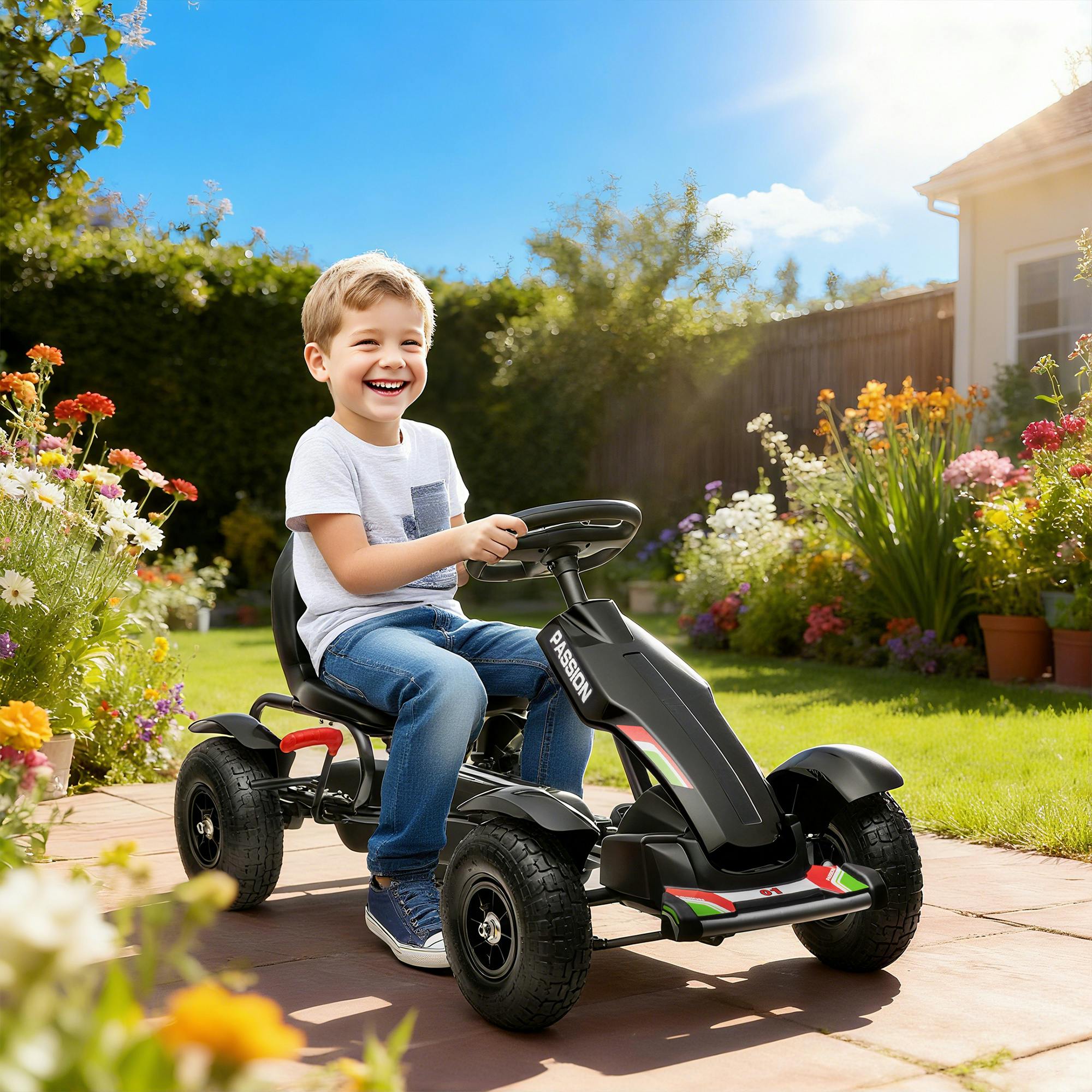 Homcom Black Children Pedal Go Kart W/ Adjustable Seat, Inflatable Tyres