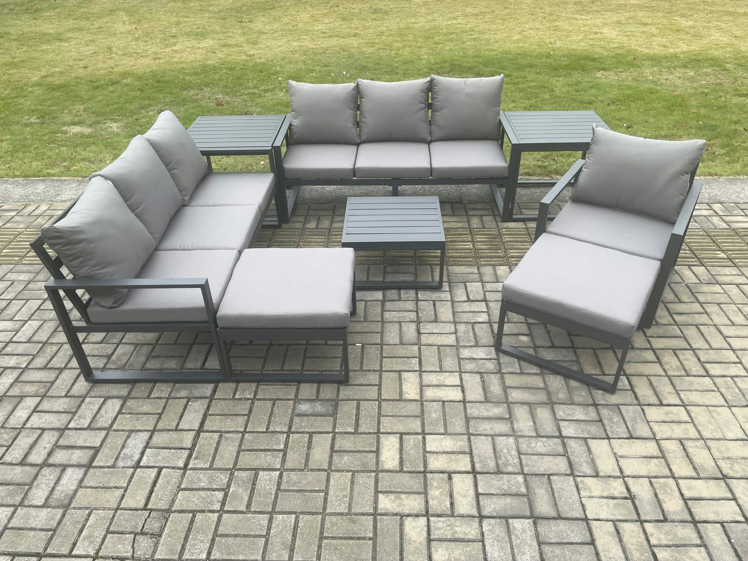 Fimous Dark/Grey Aluminium Outdoor Lounge Sofa Set Garden Furniture Sets With Square Coffee Table Chair 2 Big Footstools 2 Side Tables