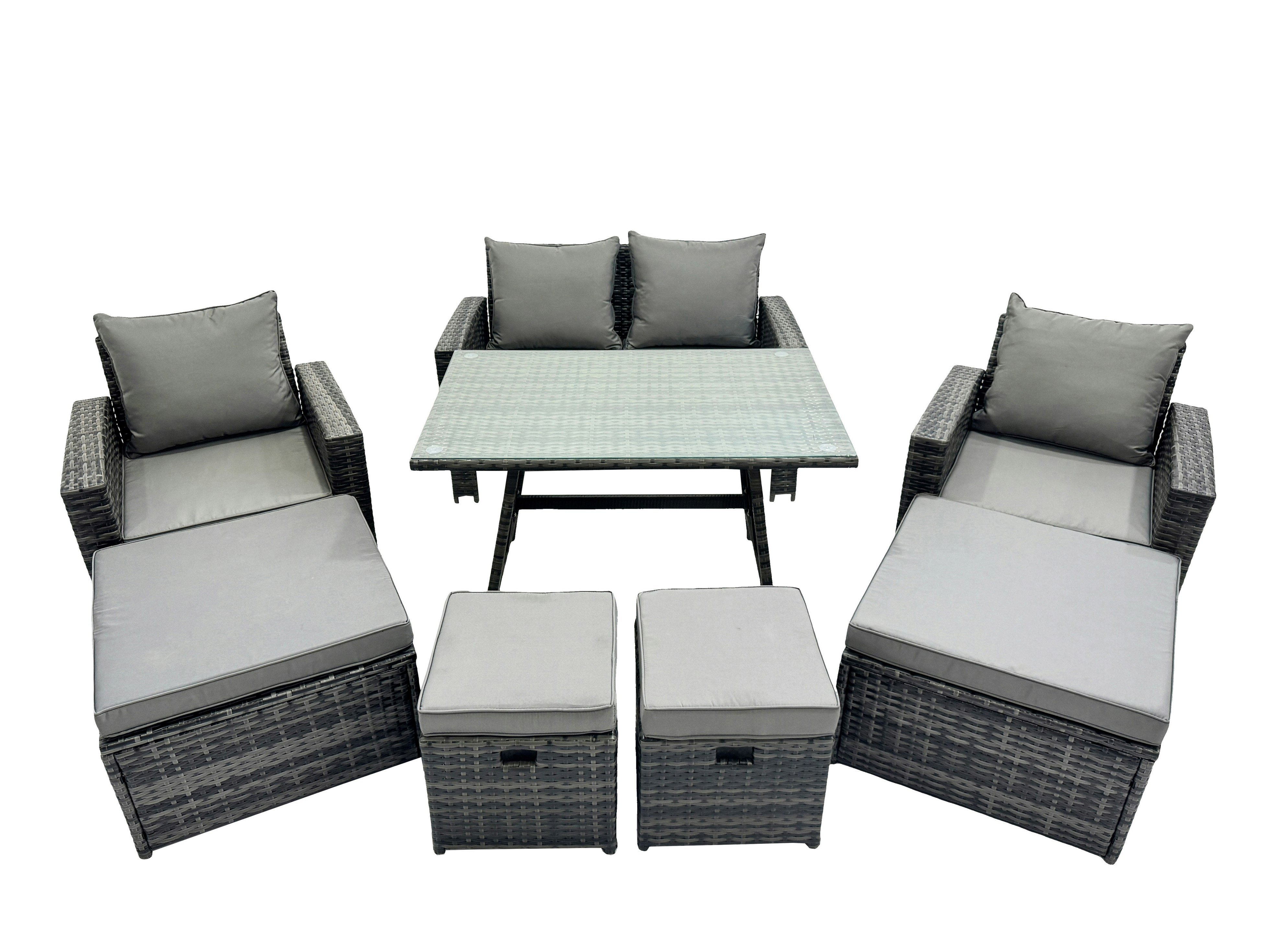 Fimous Dark/Grey 8 Seater Rattan Furniture Set With Dining Table, Sofa, 2 Chairs & 4 Stools