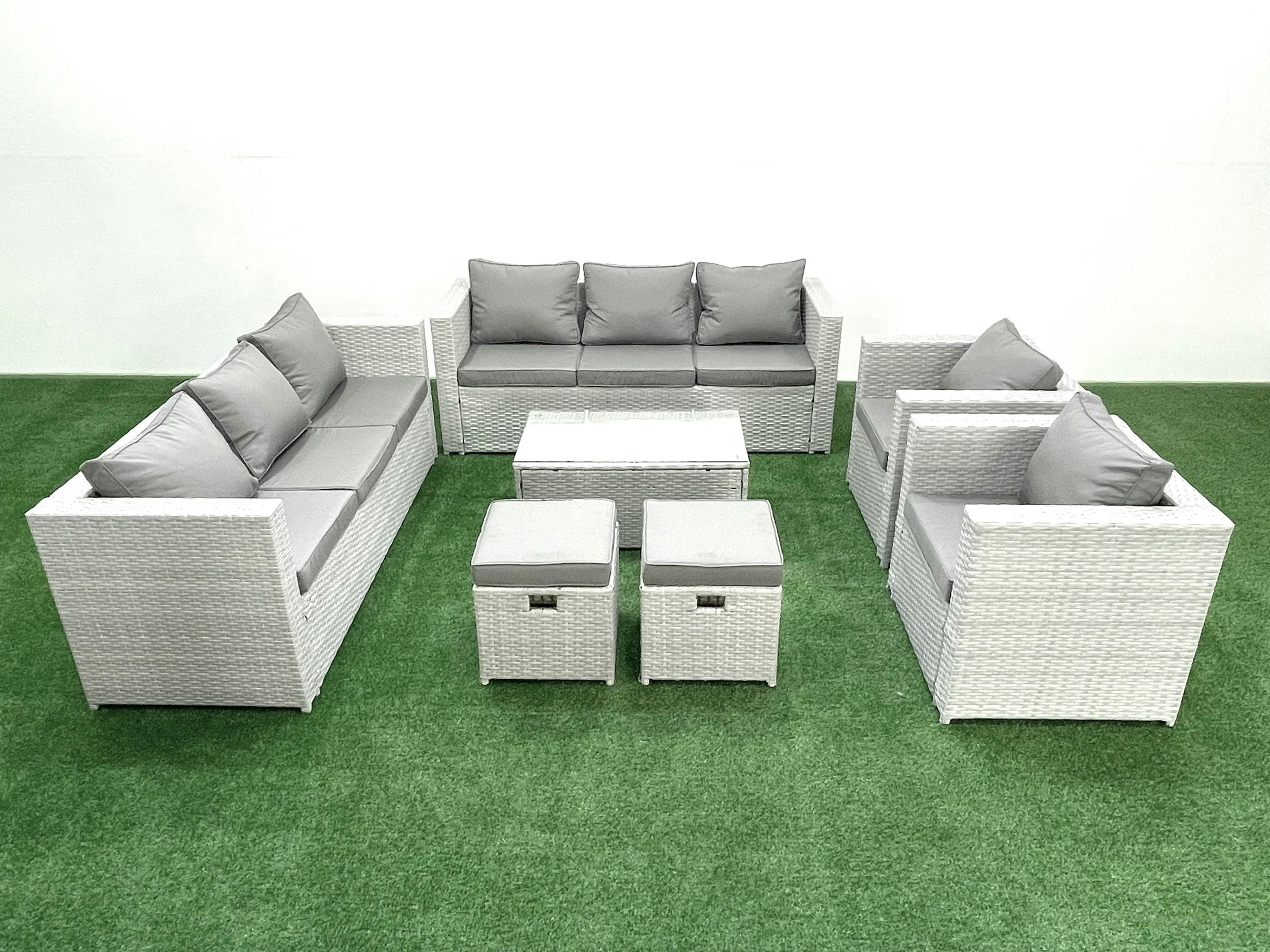 Fimous Light/Grey Outdoor Rattan Sofa Garden Furniture Set With 2 Armchairs Oblong Coffee Table 2 Small Footstools Mixed