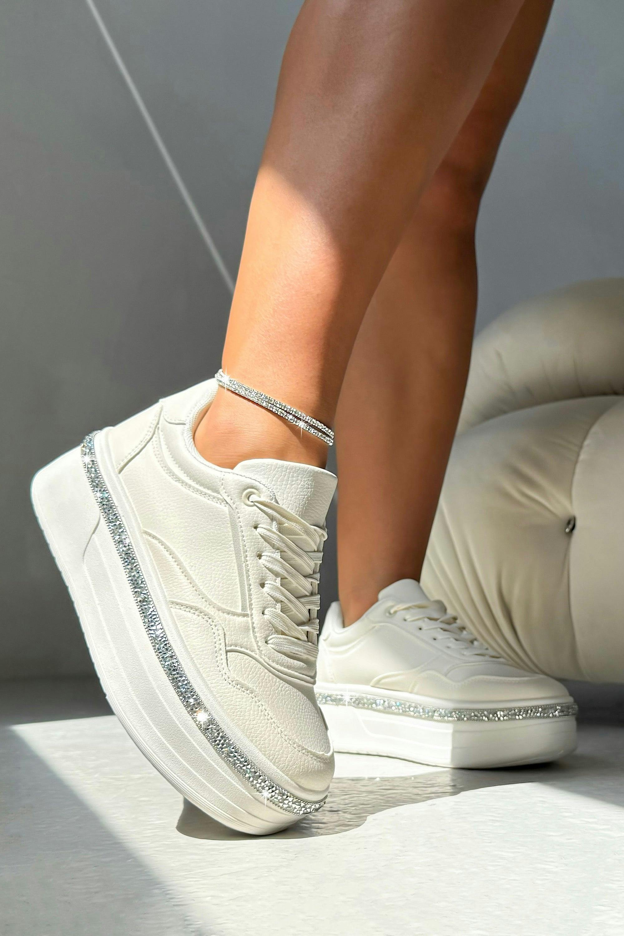 Love Lemonade Women's Crystal Diamante Trim Platform Trainers Nude - Uk 4